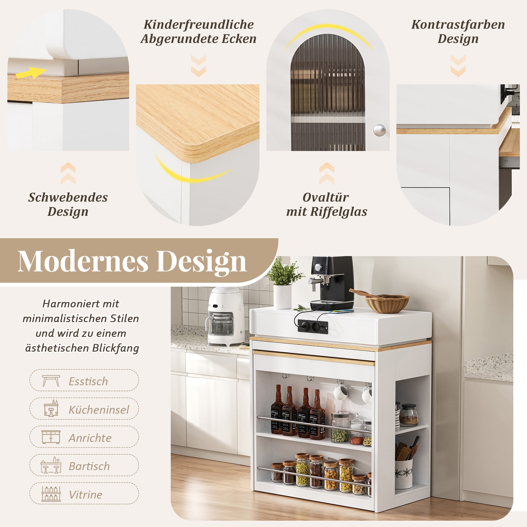 Kitchen Island with Wheels, Extendable Folding Tabletop, Power Strips & Hooks - White