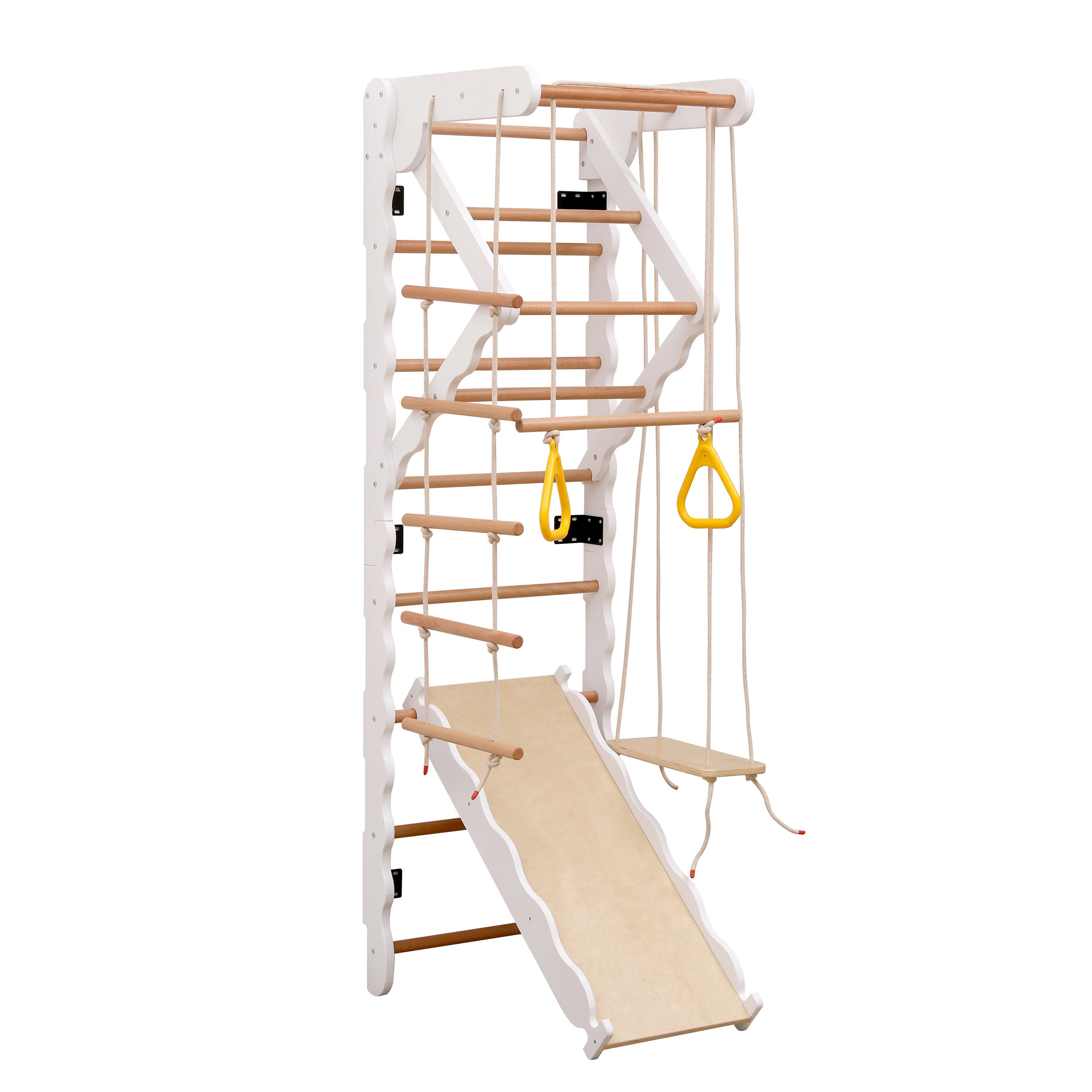 6-in-1 multifunctional climbing frame, wall bars, slide, swing, crawling ladder, pull-up area, rings, 50 kg, plywood, solid wood, beech