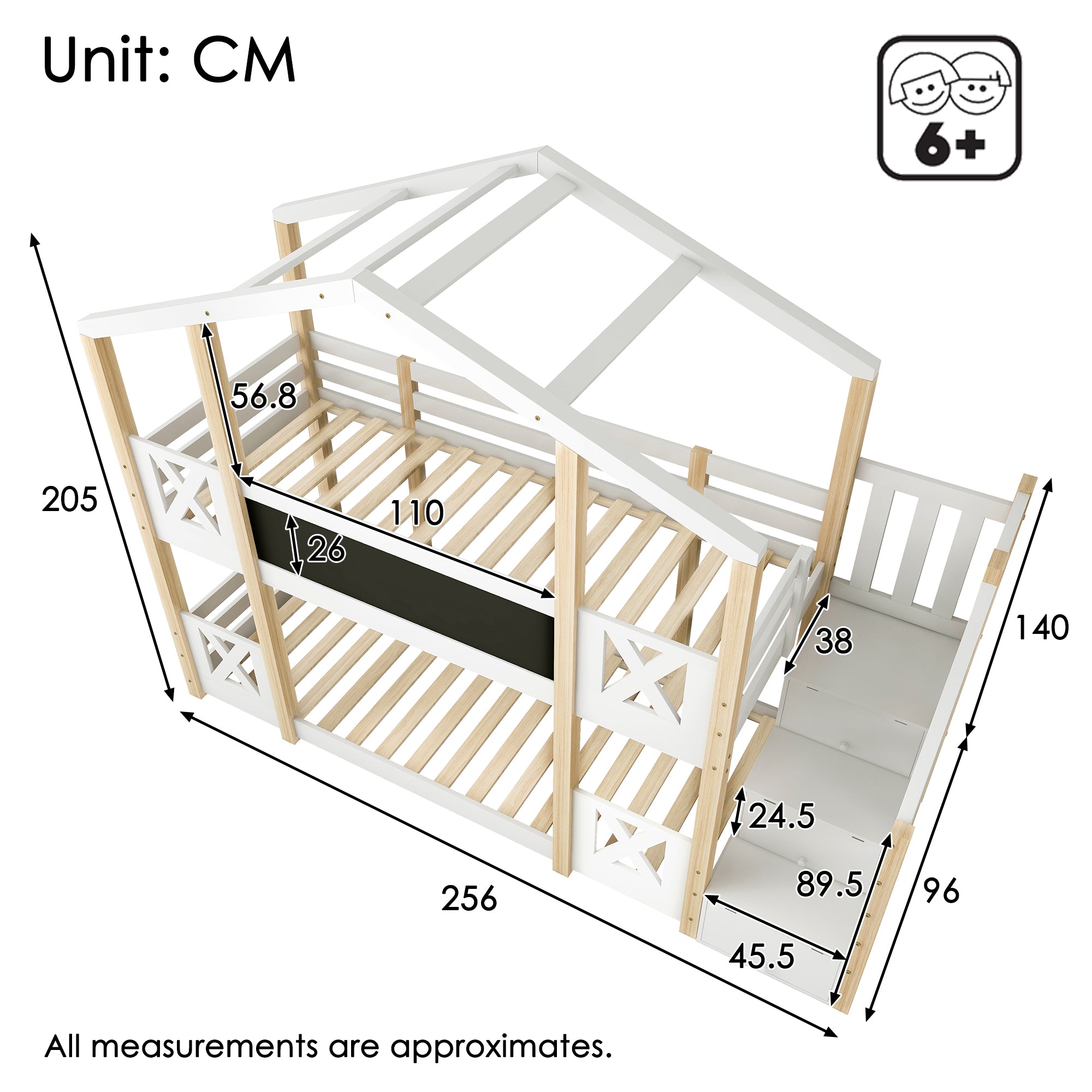Bunk Bed 90x200cm Tree House Loft with Stairs & Fall Protection, Natural & White