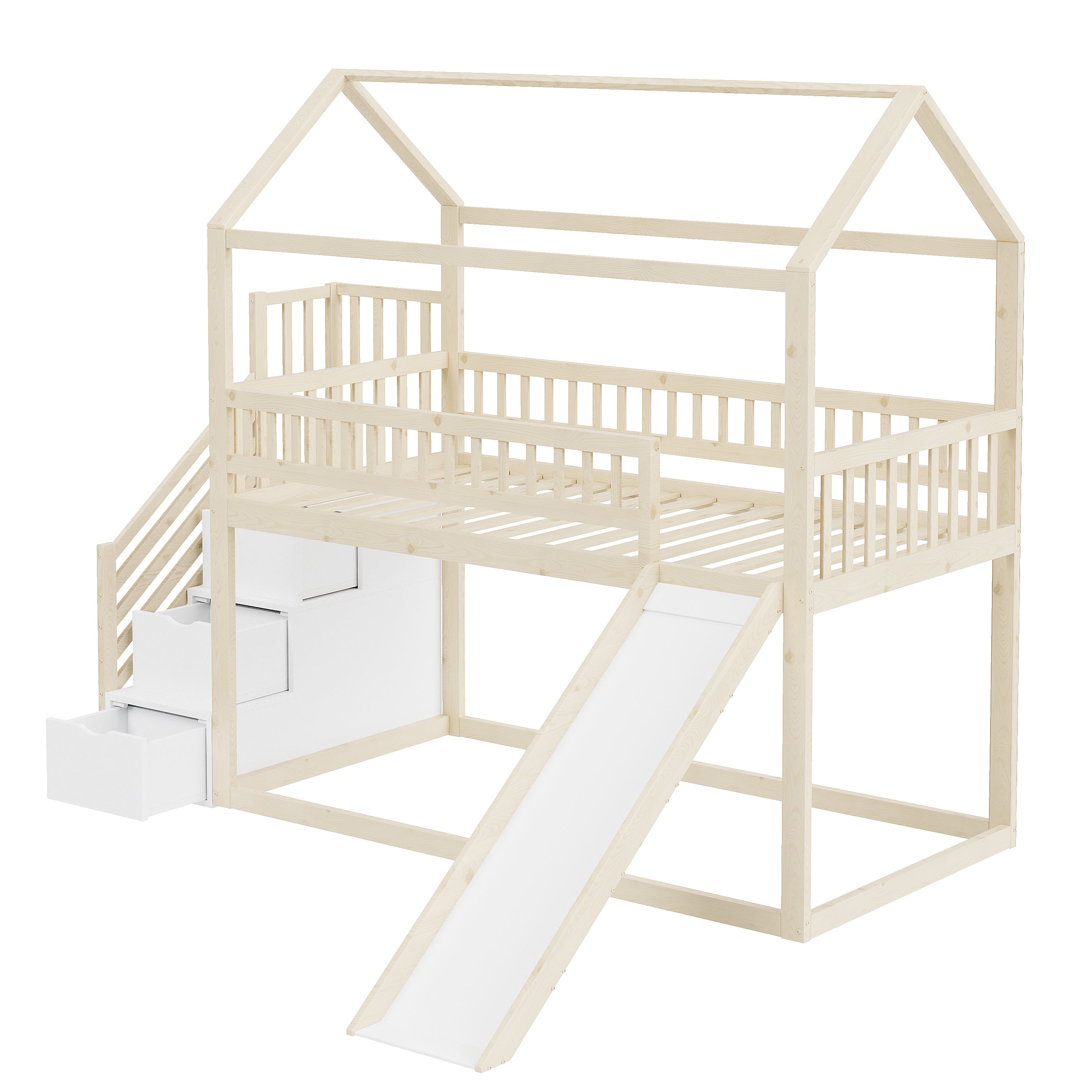 Children's Bunk Bed 90x200cm, Loft with Slide & Storage Ladder, Solid Wood