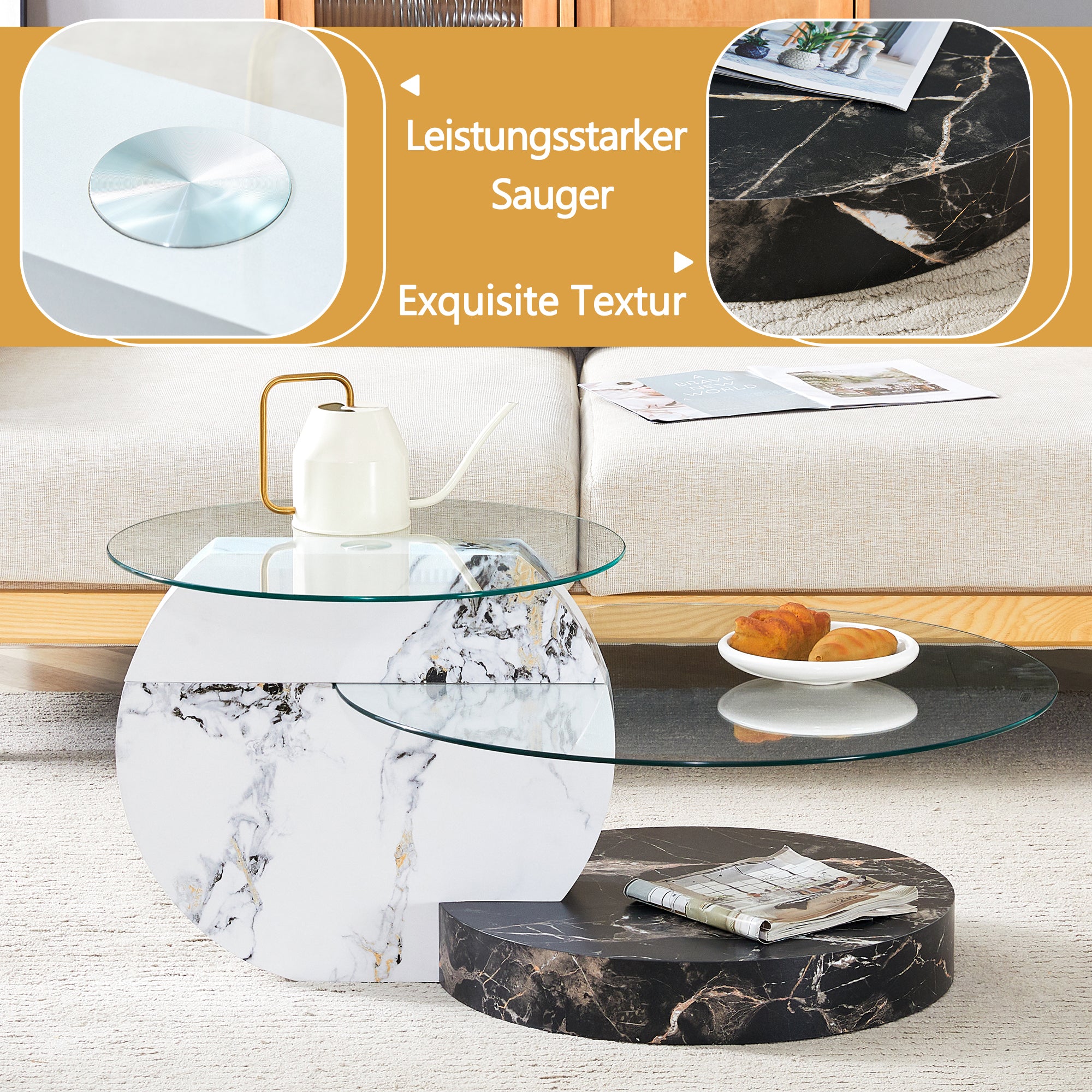 Coffee Table Modern Minimalist Two-Tiered Safety Glass Black and White Marble Effect