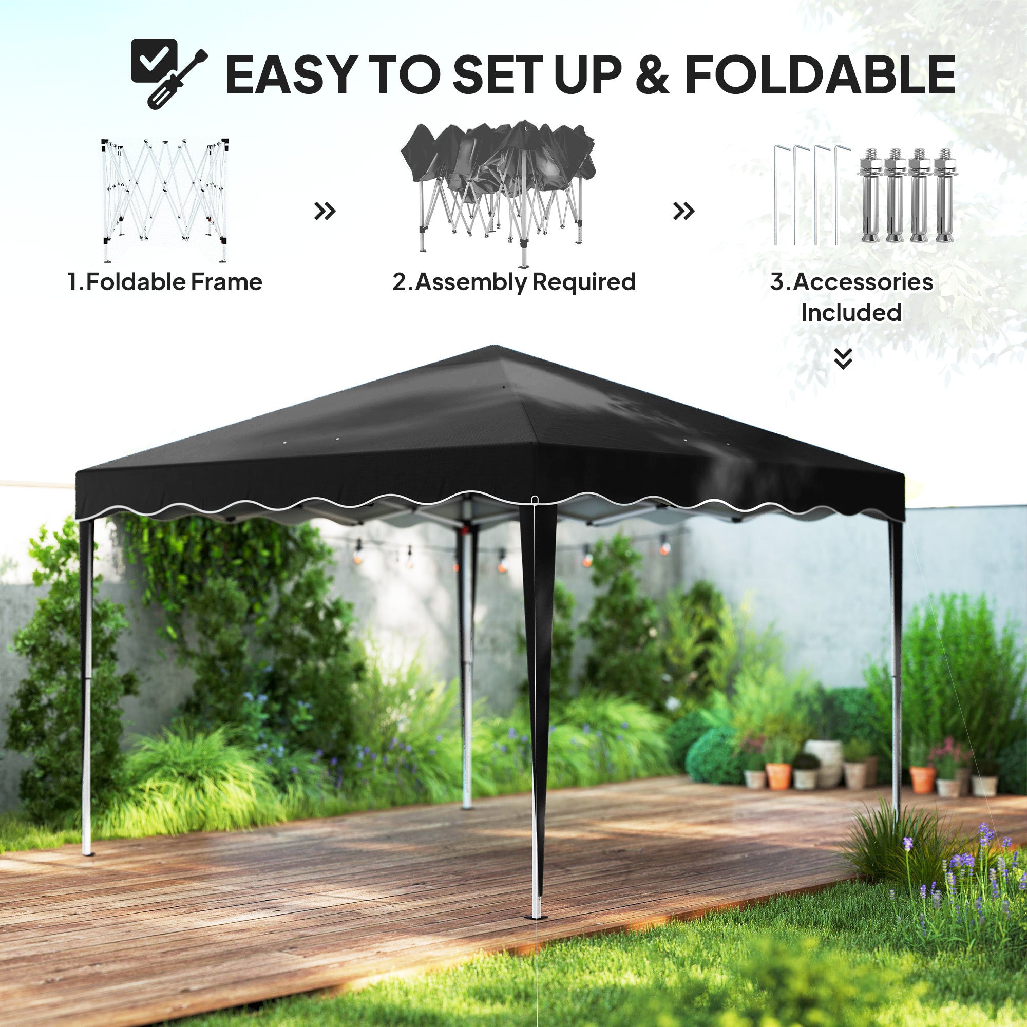 Pop-Up Gazebo 3 x 3cm Adjustable Height Black