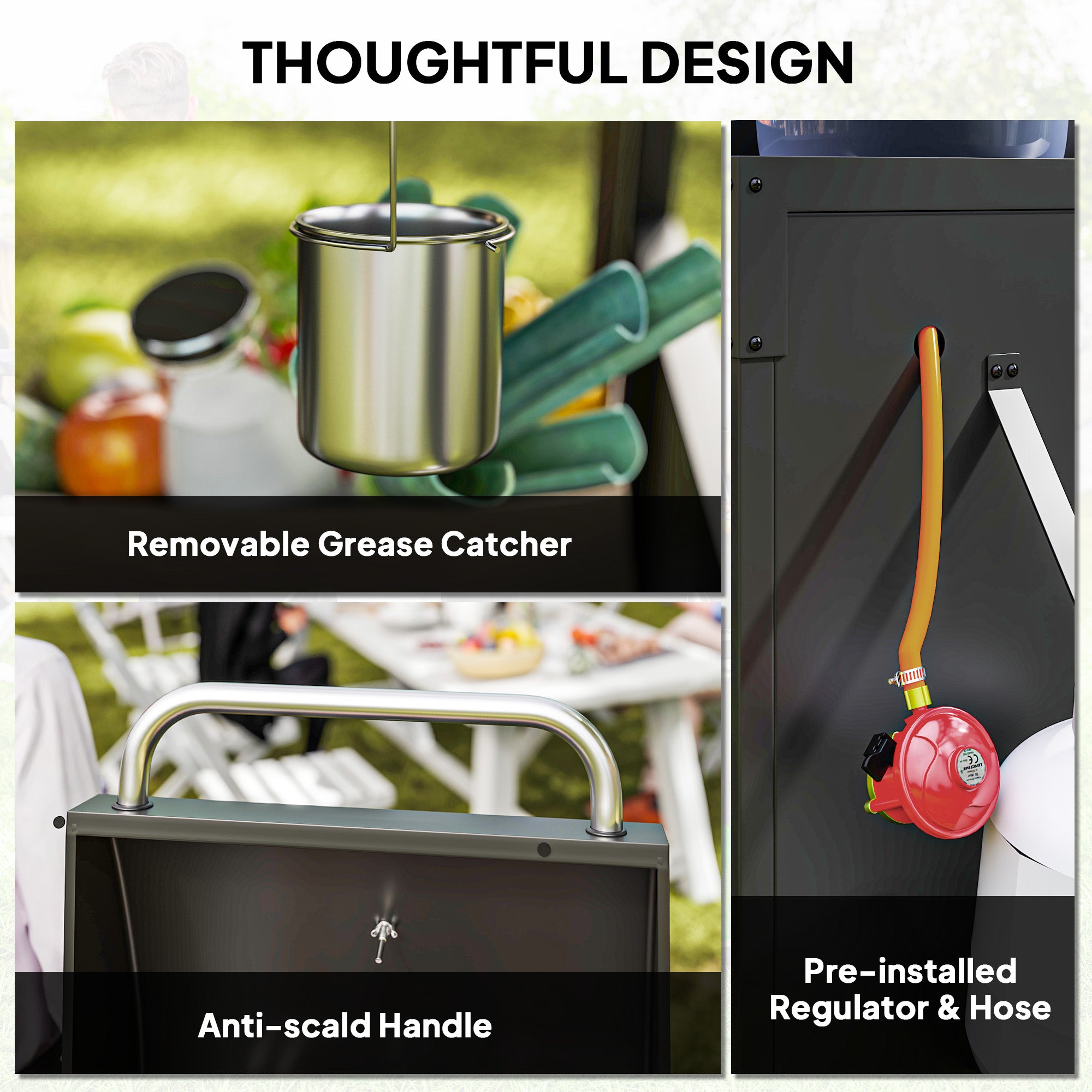 3+1 Burner Gas BBQ Grill, 9.5 kW with Storage Cabinet and 6 Castor Wheels, Black