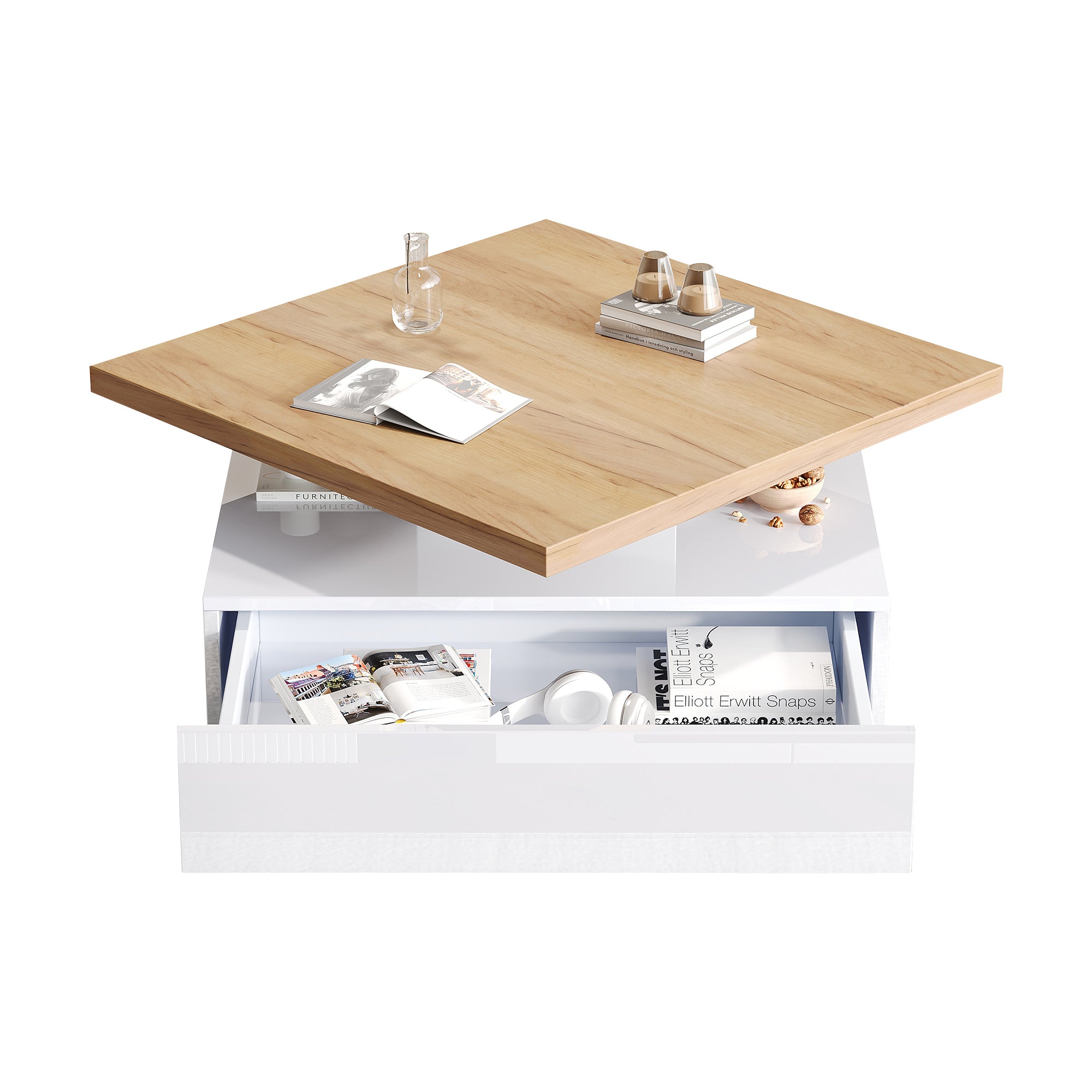 Multifunctional Swivel Coffee Table with Storage, White and Walnut