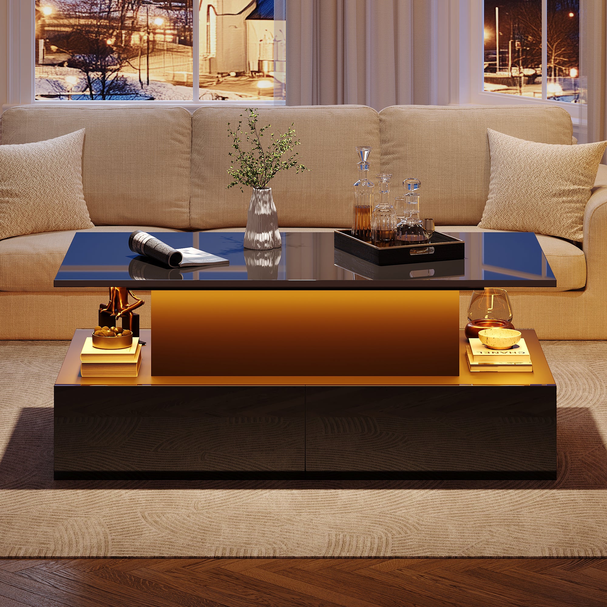 Coffee Table, LED Lit with 4 Drawers, Black High-Gloss