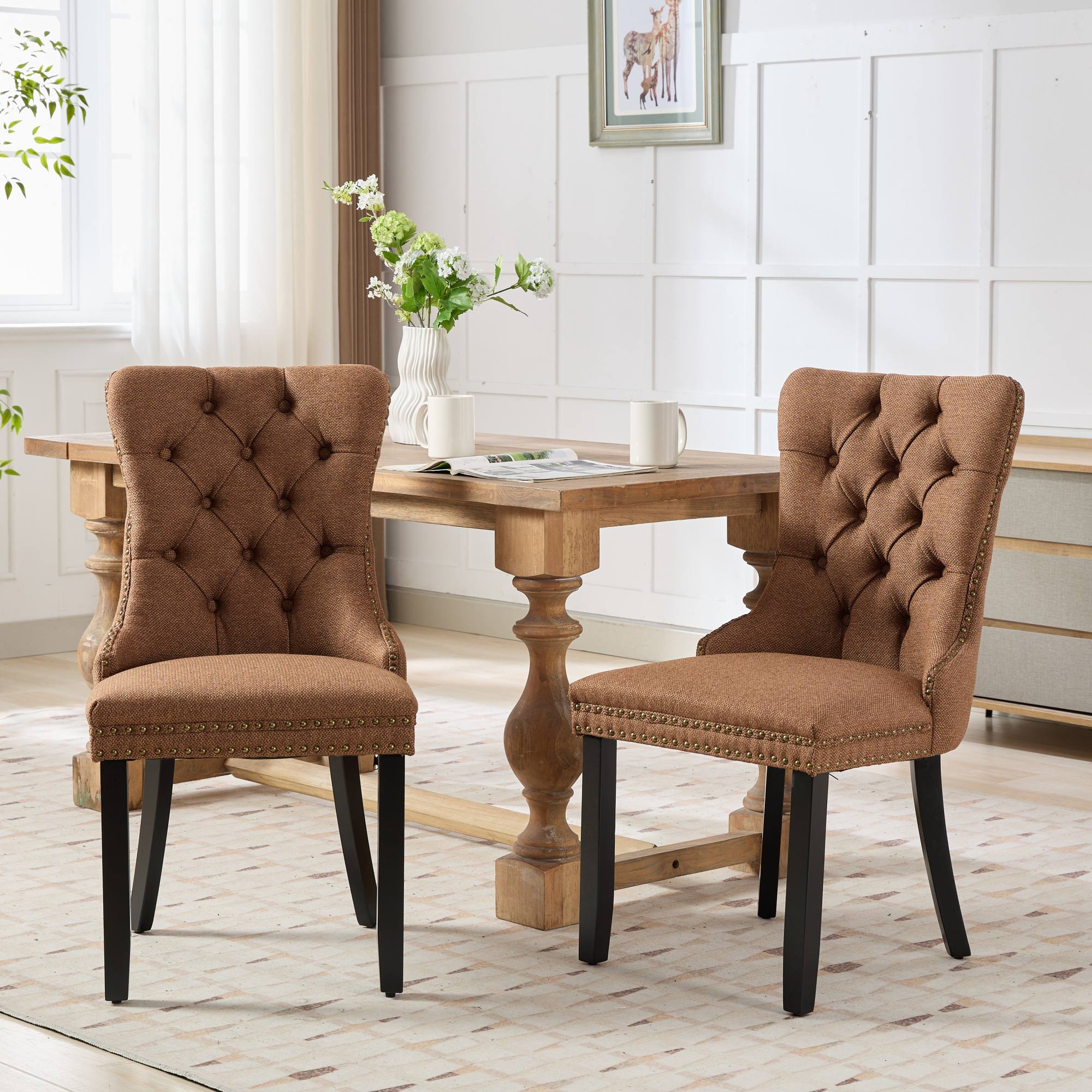 Nikki Collection Modern Tufted Solid Wood Dining Chair 2-Pc Set, Linen, Coffee Color