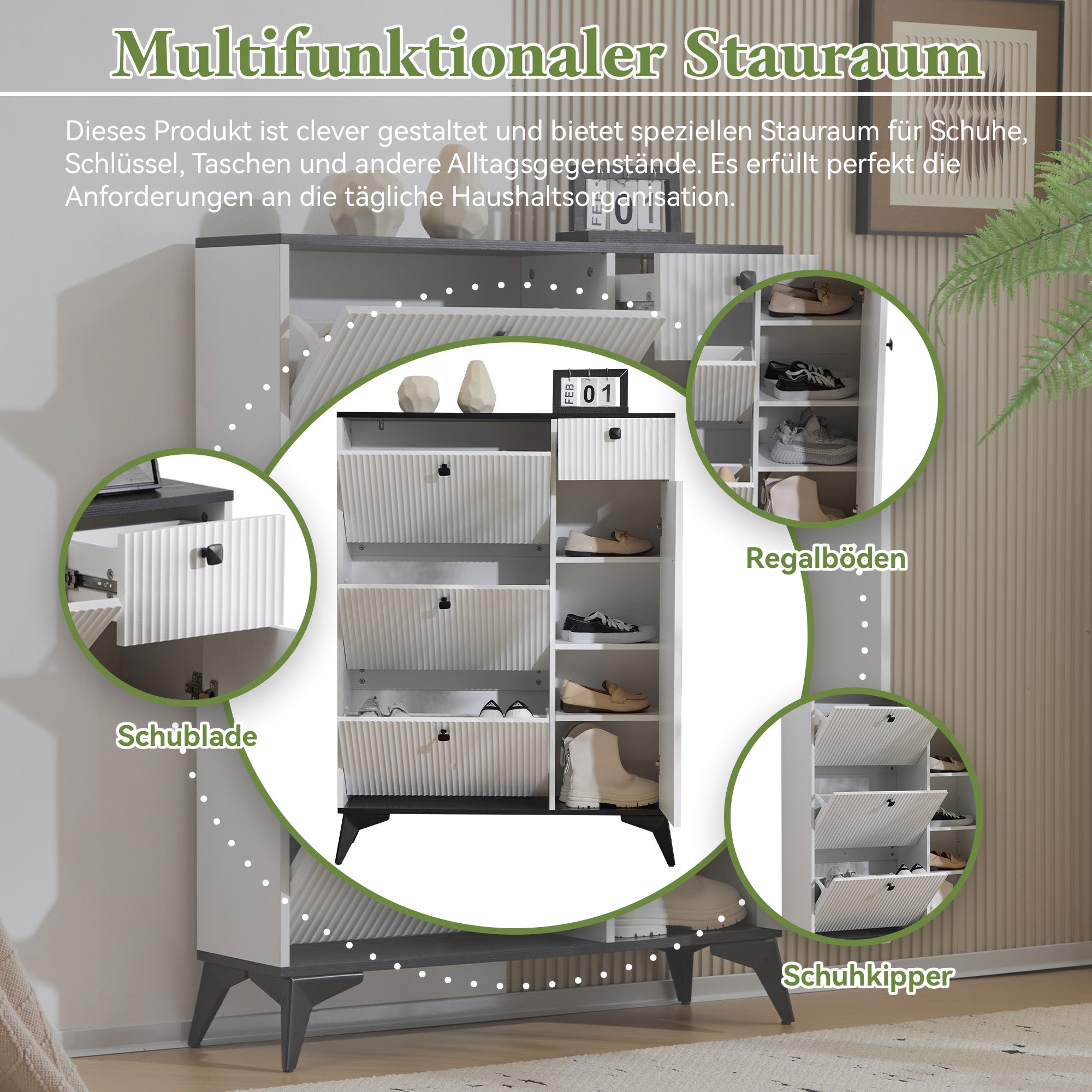 Shoe cabinet with 3 flaps, 1 drawer, 1 door, white