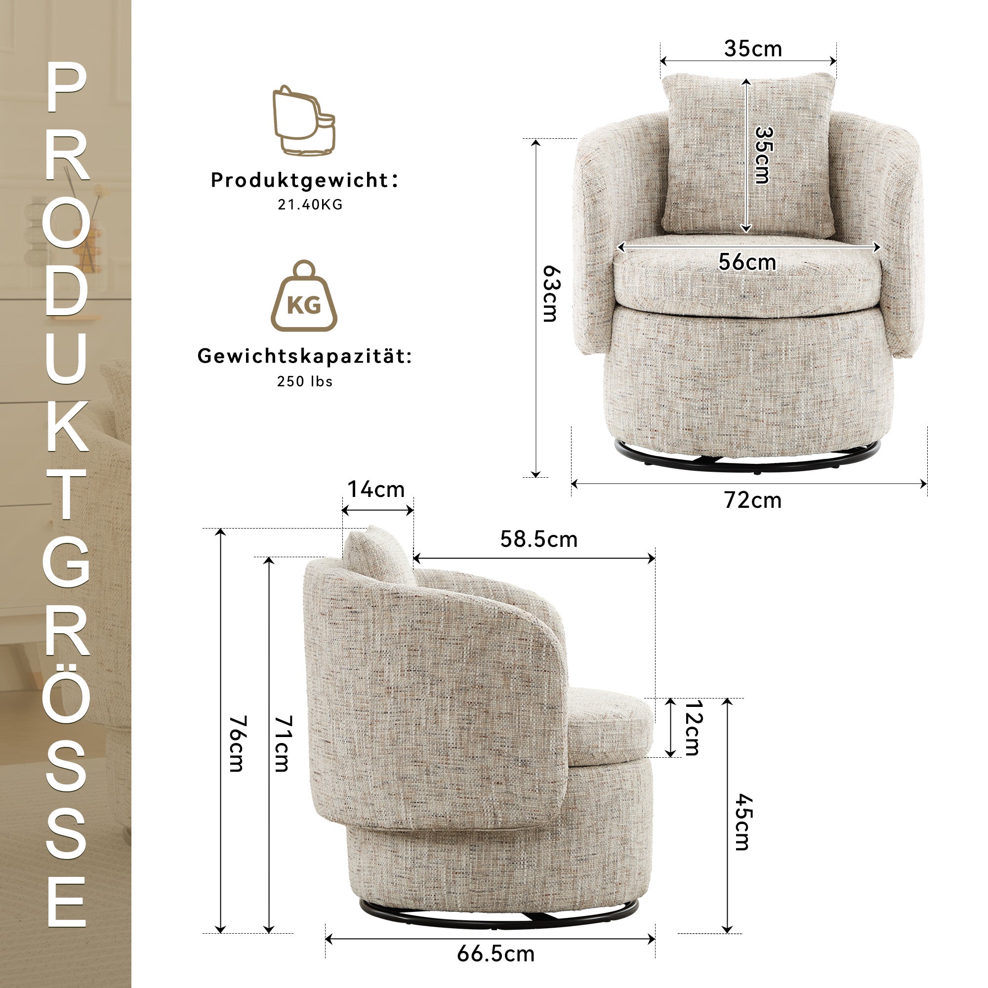 028 Swivel Armchair, 360° Rotating, Hidden Storage, Chenille Ivory
