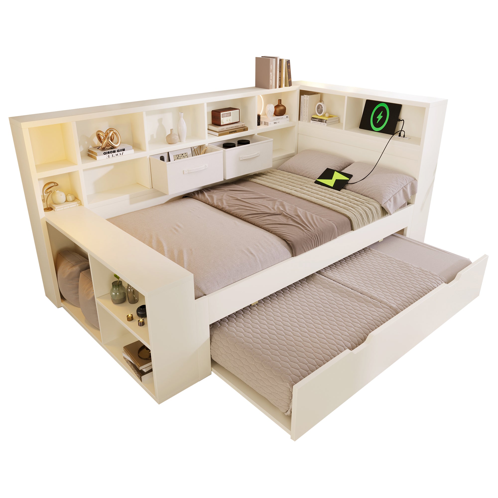 Single Bed with Pull-Out Bed, Shelves and USB Charging, White