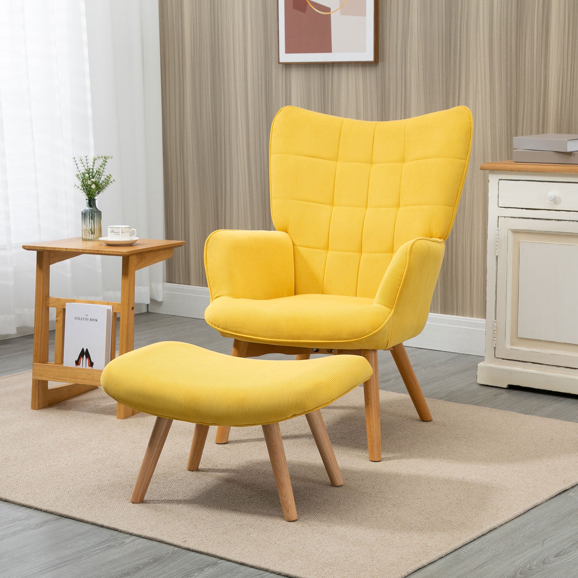 Relaxing Armchair Wing Chair with Footstool Wooden Legs, Corduroy Yellow