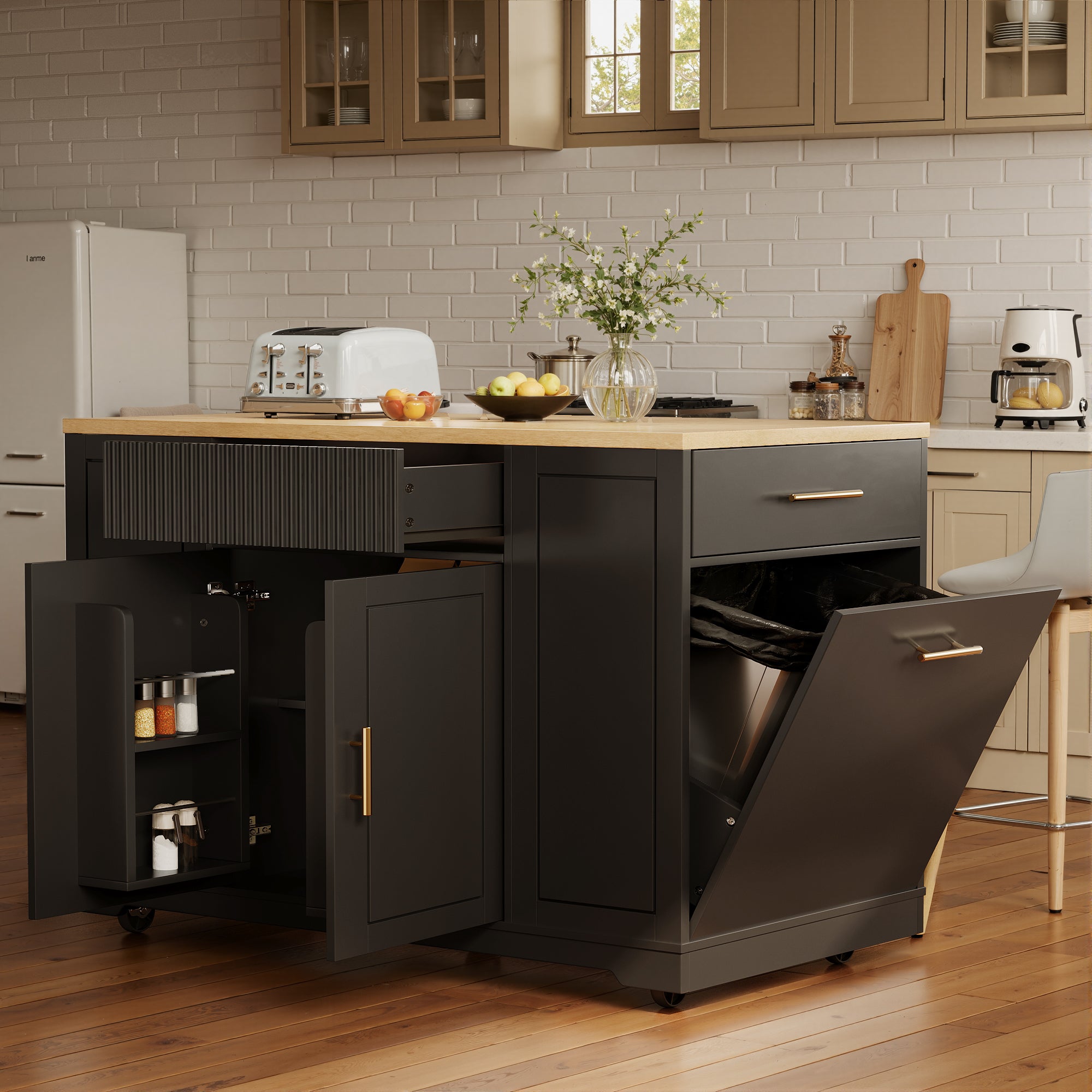 Kitchen Island with Waste Bin Compartment, 2 Doors & 3 Drawers, Black Wood Grain