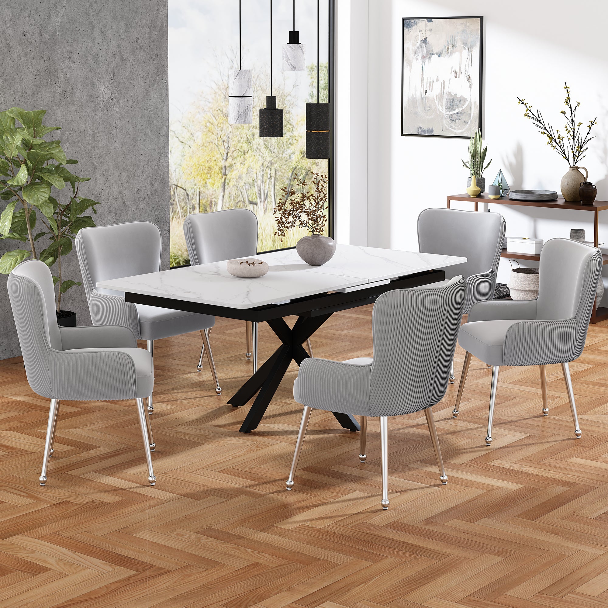 Velvet Dining Chair, Set of 2, Silver Metal Legs, Armrests, Lumbar Support, Grey