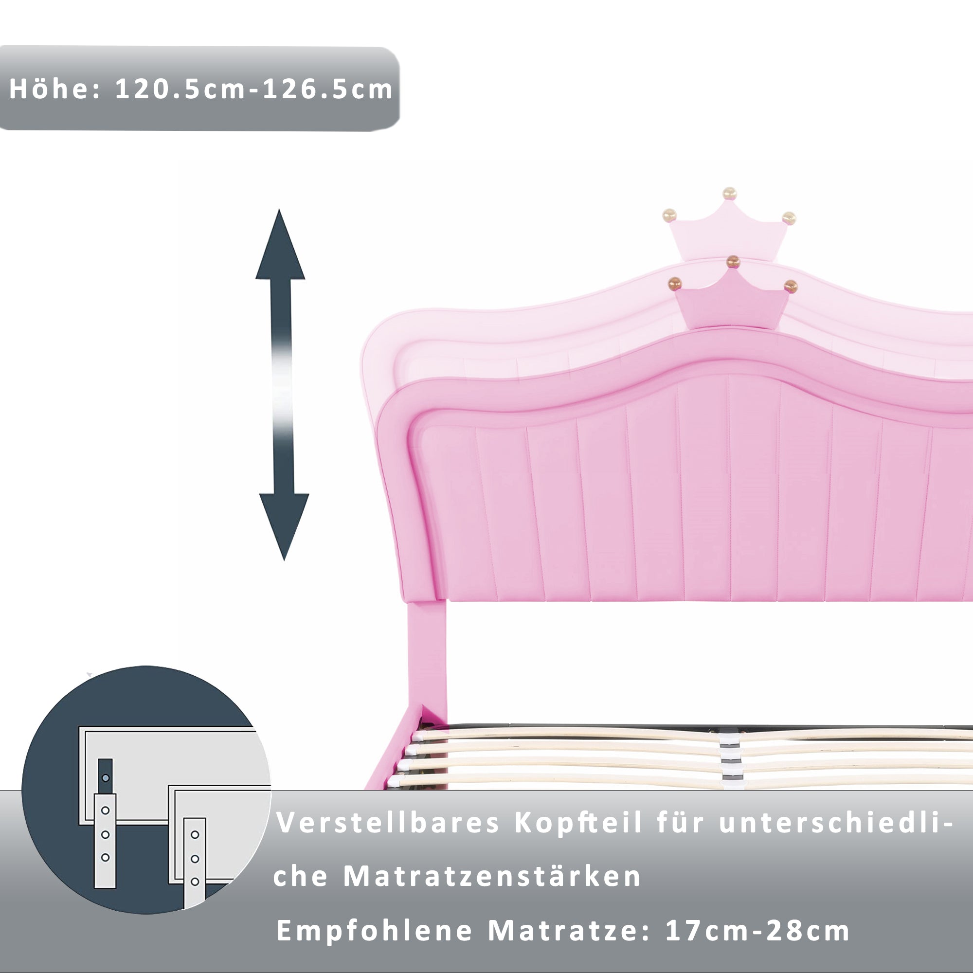 Children's Bed, 140x200cm Hydraulic Storage, LED, Pink PU Leather