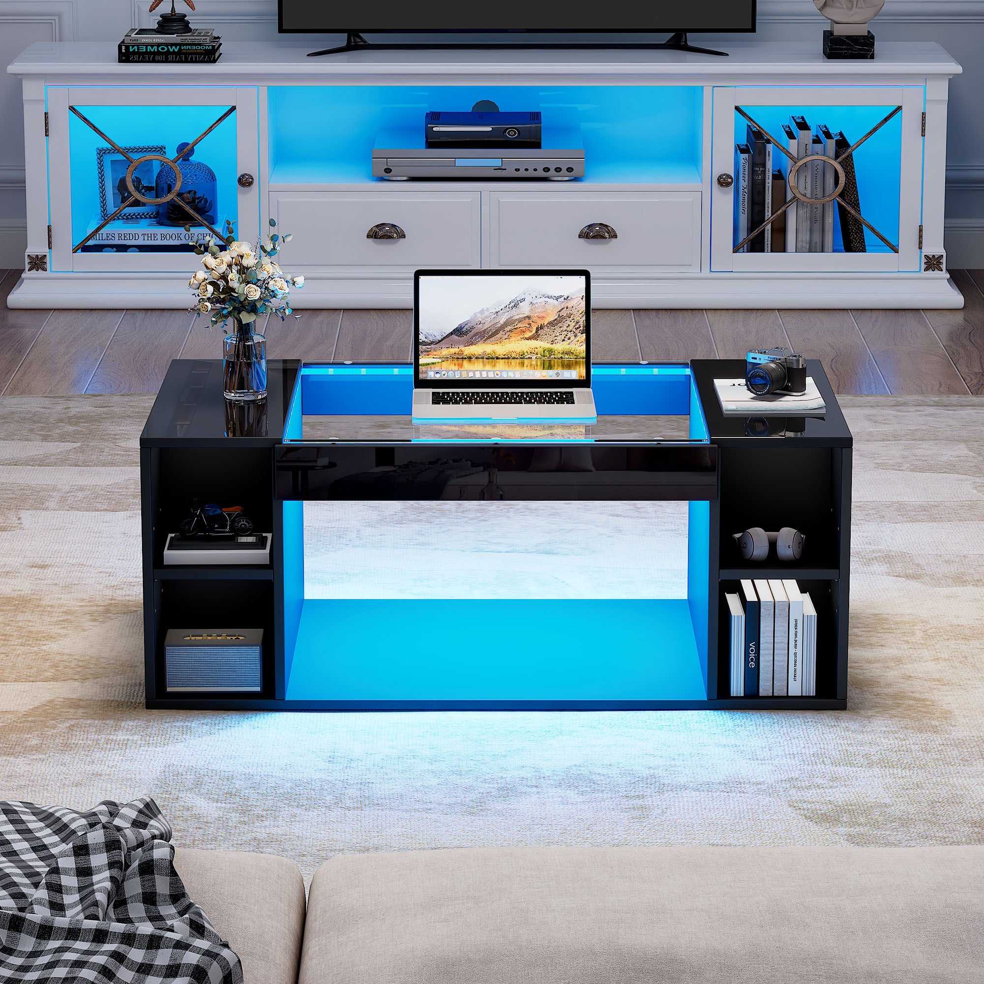 Coffee Table 100x50x40cm LED High-Gloss Tempered Glass Black