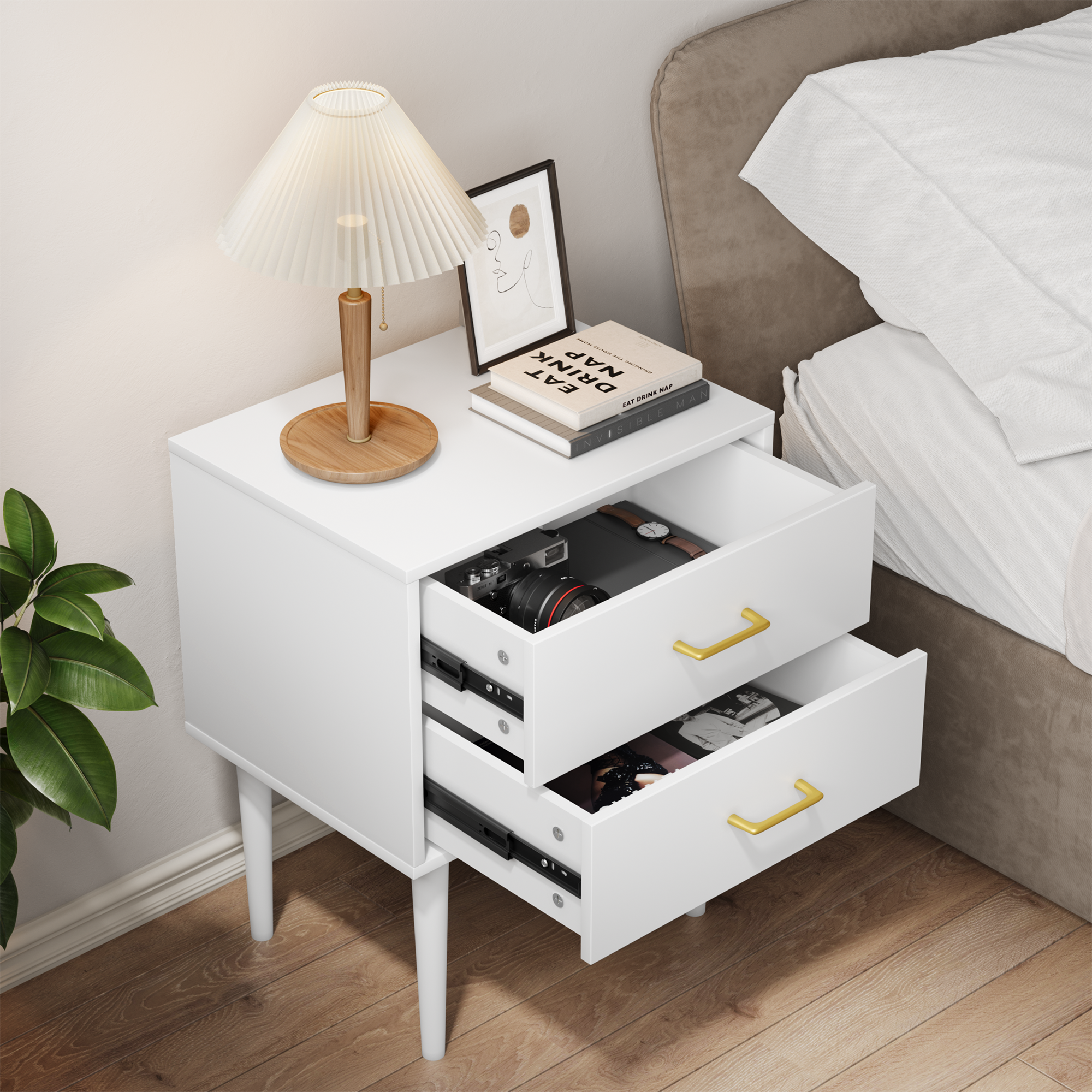 White bedside table with 2 drawers, bedroom nightstand, modern nightstand with wooden legs, 1 piece