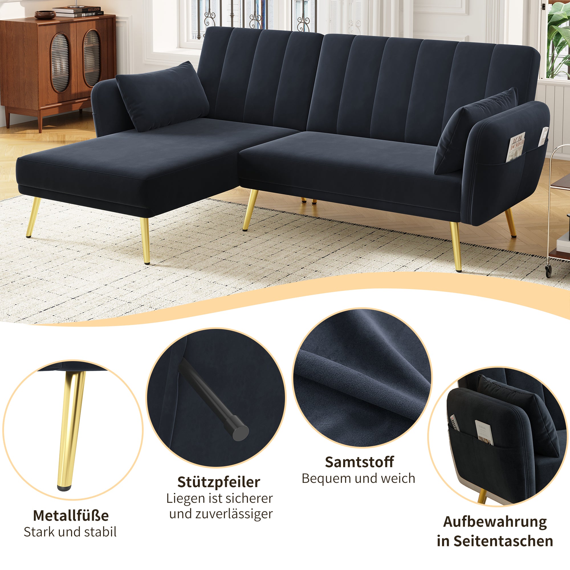 Folding Sofa, Modern L-Shaped Sofa Bed with Corner, Multi-room