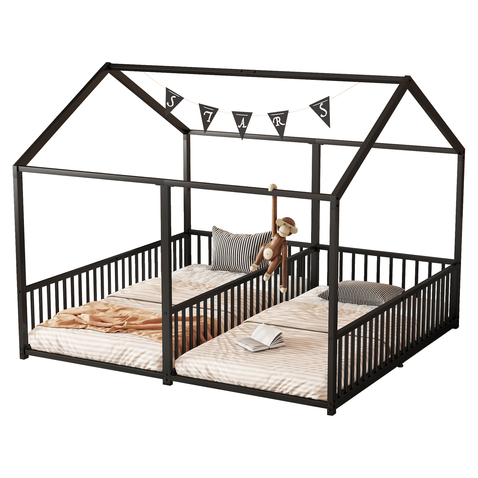 Metal Bed, Children's Bed 90x200cm House Design Double Bed, Black Iron Frame
