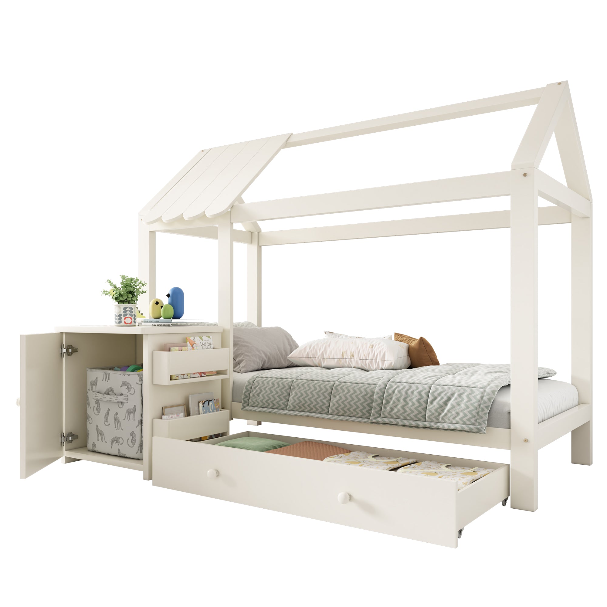 House Bed Children's Bed 90x200 cm, Solid Wood with Drawers & Removable Bedside Table, White