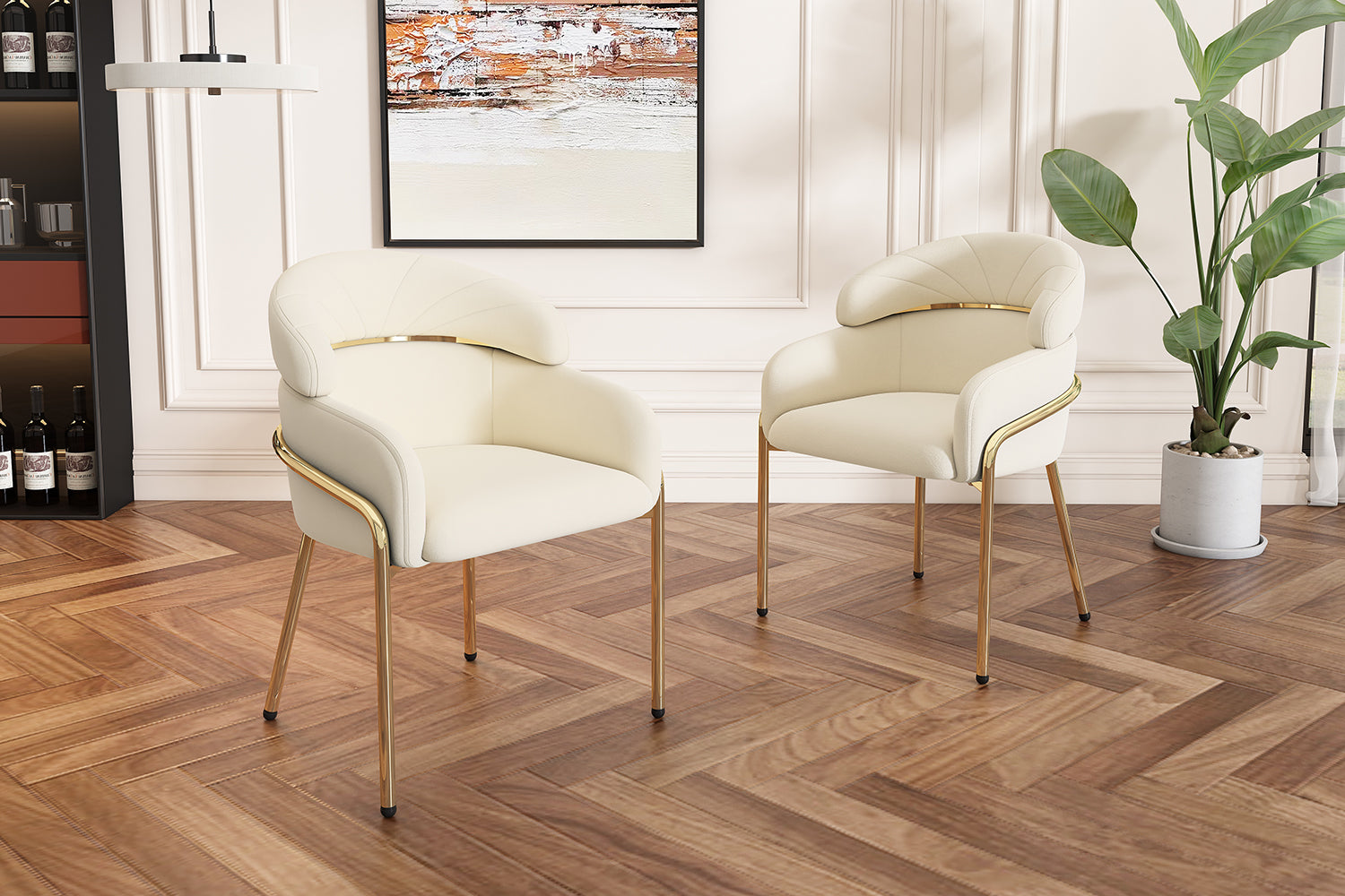 Light Luxury Dining Chair with Metal Legs, Velvet, Beige