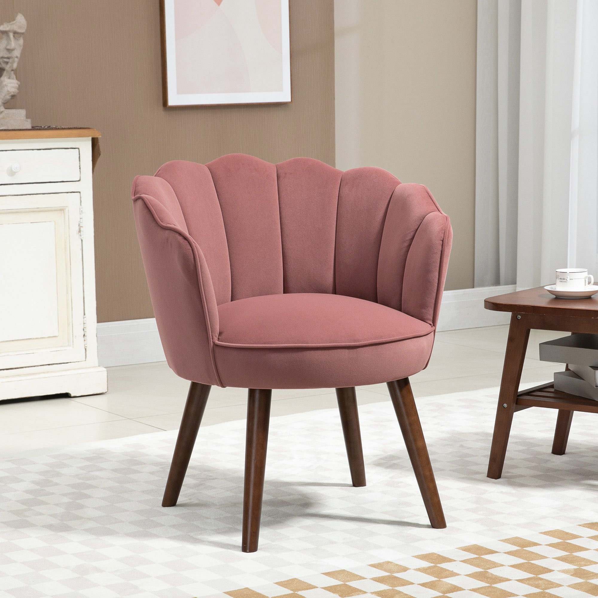 Dining Chair Armchair Backrest Living Room Polyester Rubber Wood Pink