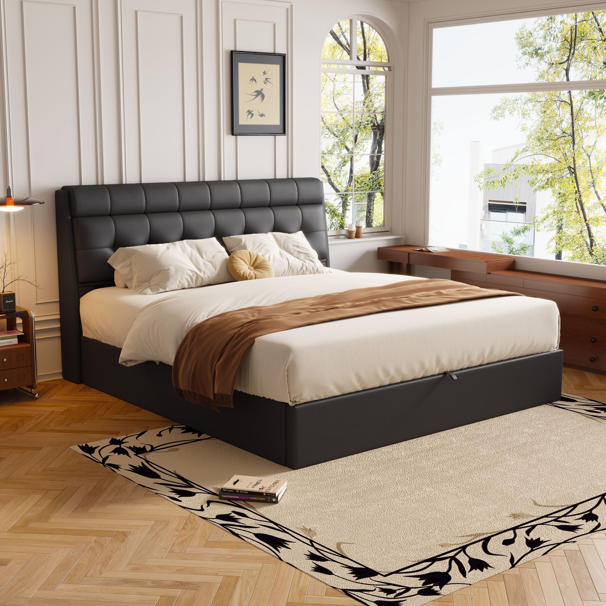 Fashion Upholstered Bed, Double Hydraulic with Storage and Slats, Black PU
