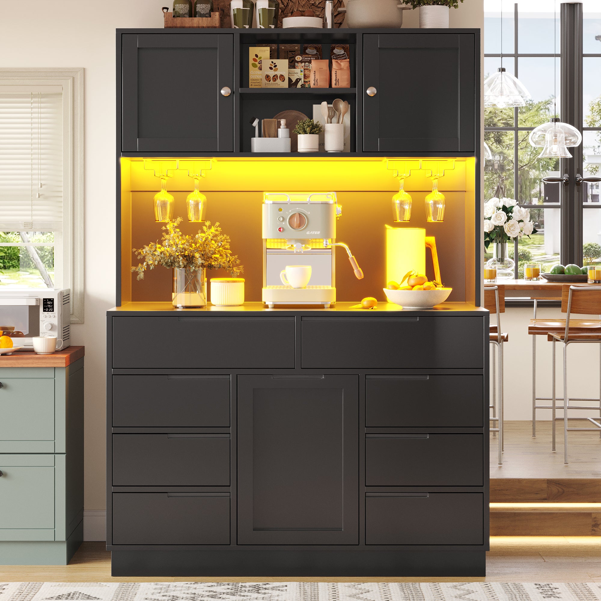 Tall Cabinet 120x40x183.5cm Smart LED Lighting 8 Drawers Adjustable Shelves Black