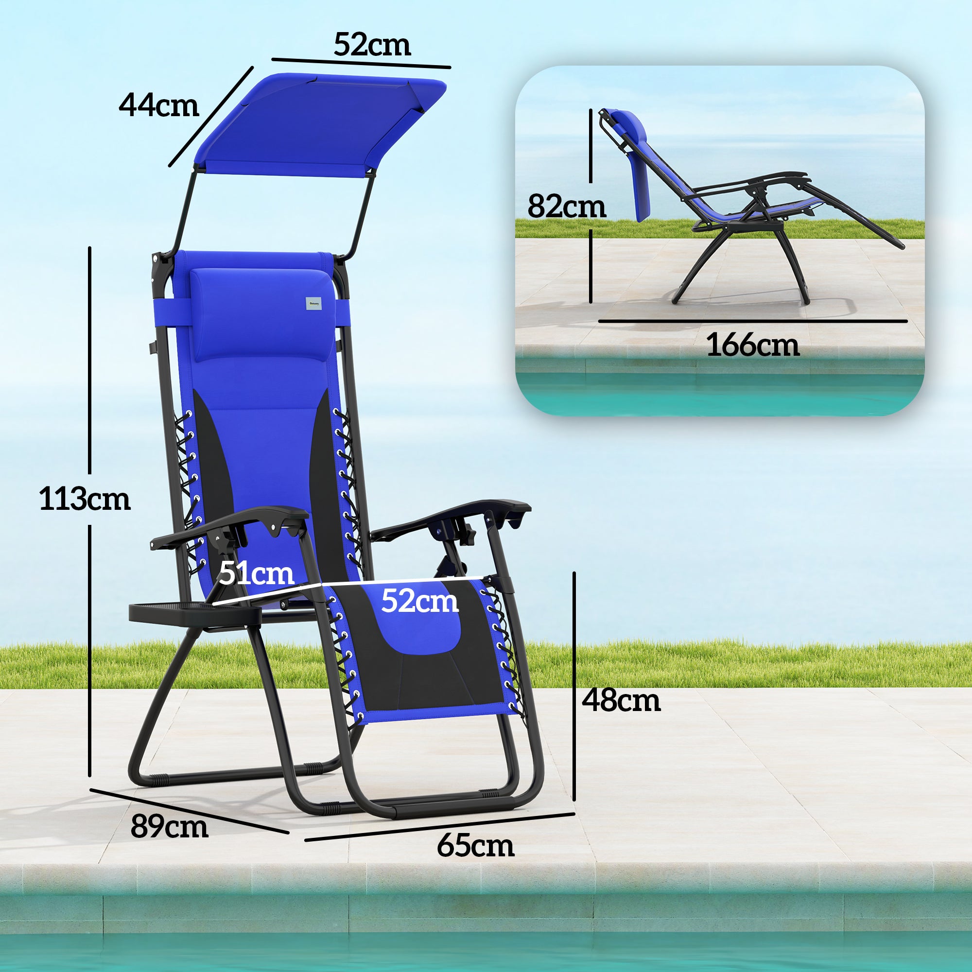 Zero Gravity Lounger Chair Set of 2, Folding Reclining with Shade, Cup Holder, Blue