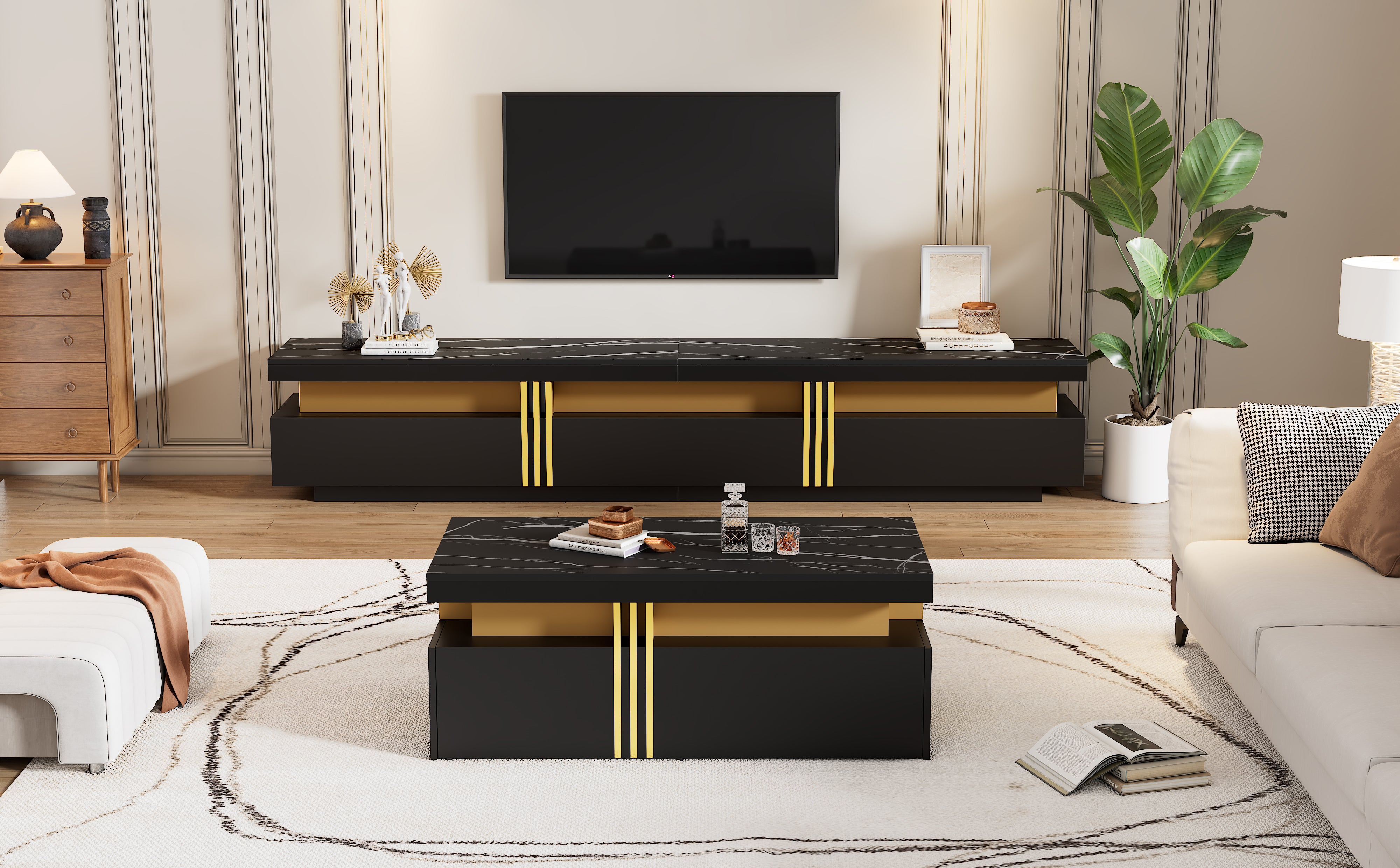 TV Wall Combination, Multifunctional Cabinet with Coffee Table, Black