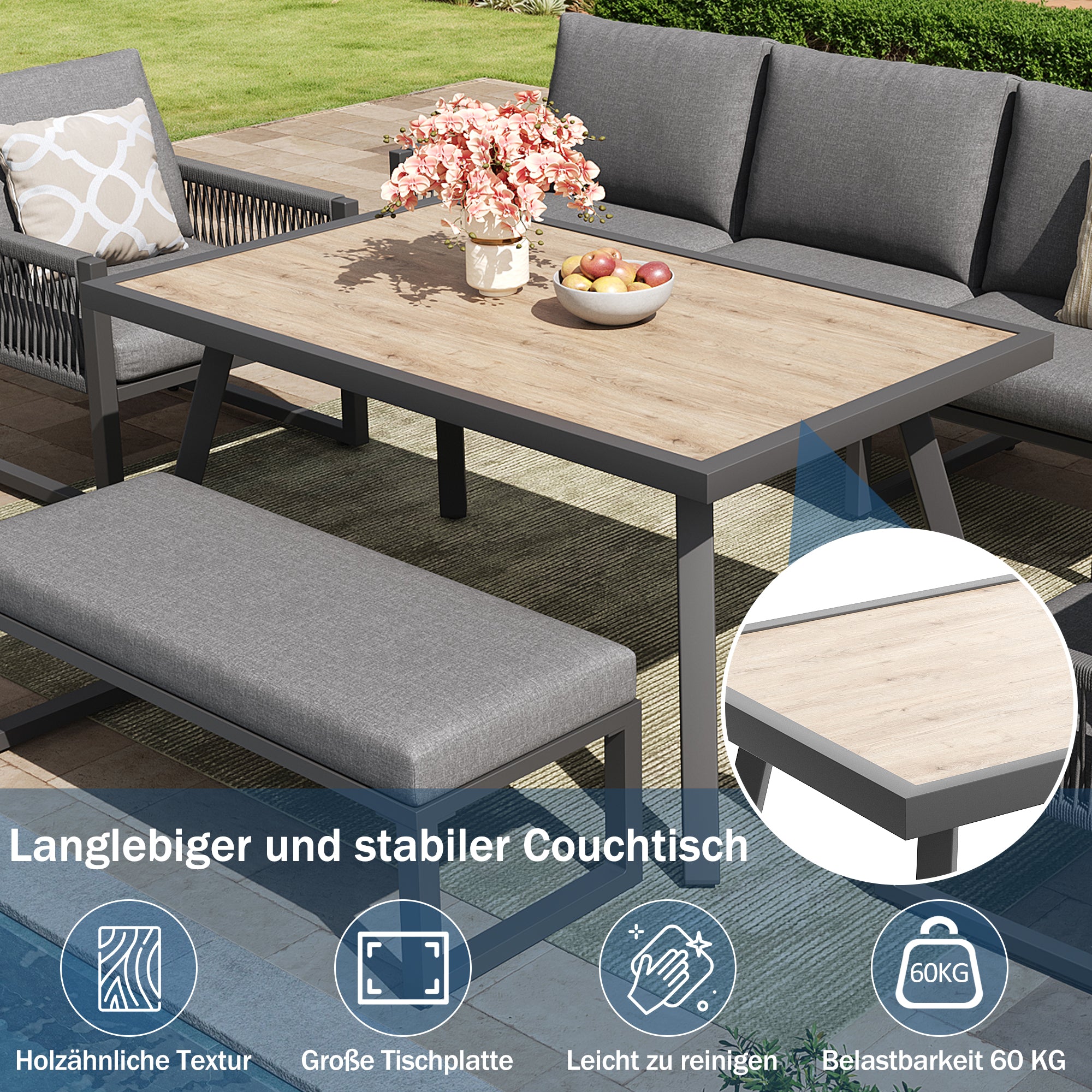 6-7 Seater Garden Lounge Set with Dining Table and Weatherproof Cushions, Gray