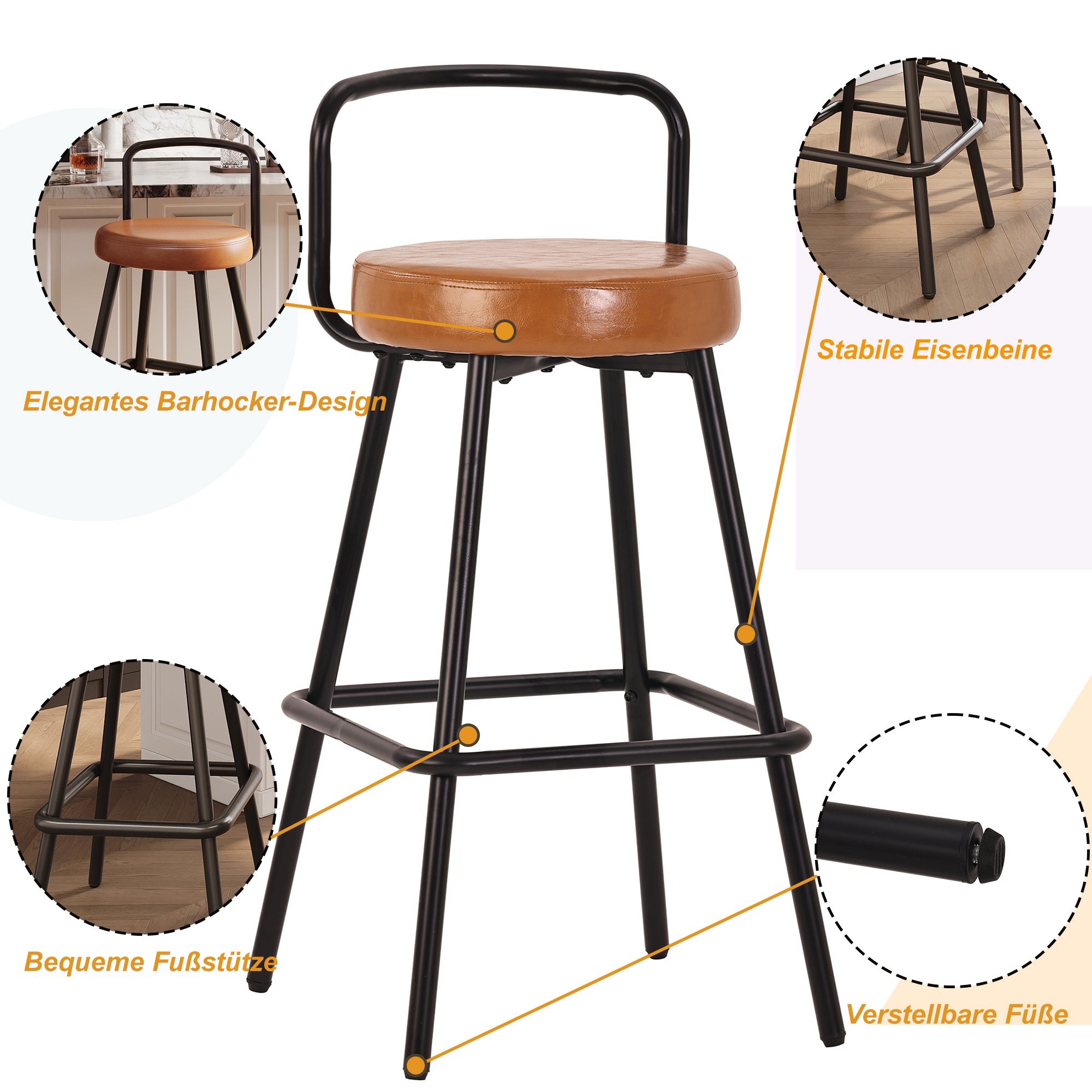 Modern Bar Stools Set of 4, Ergonomic Backrest with Footrest, PU Leather and Iron, Brown