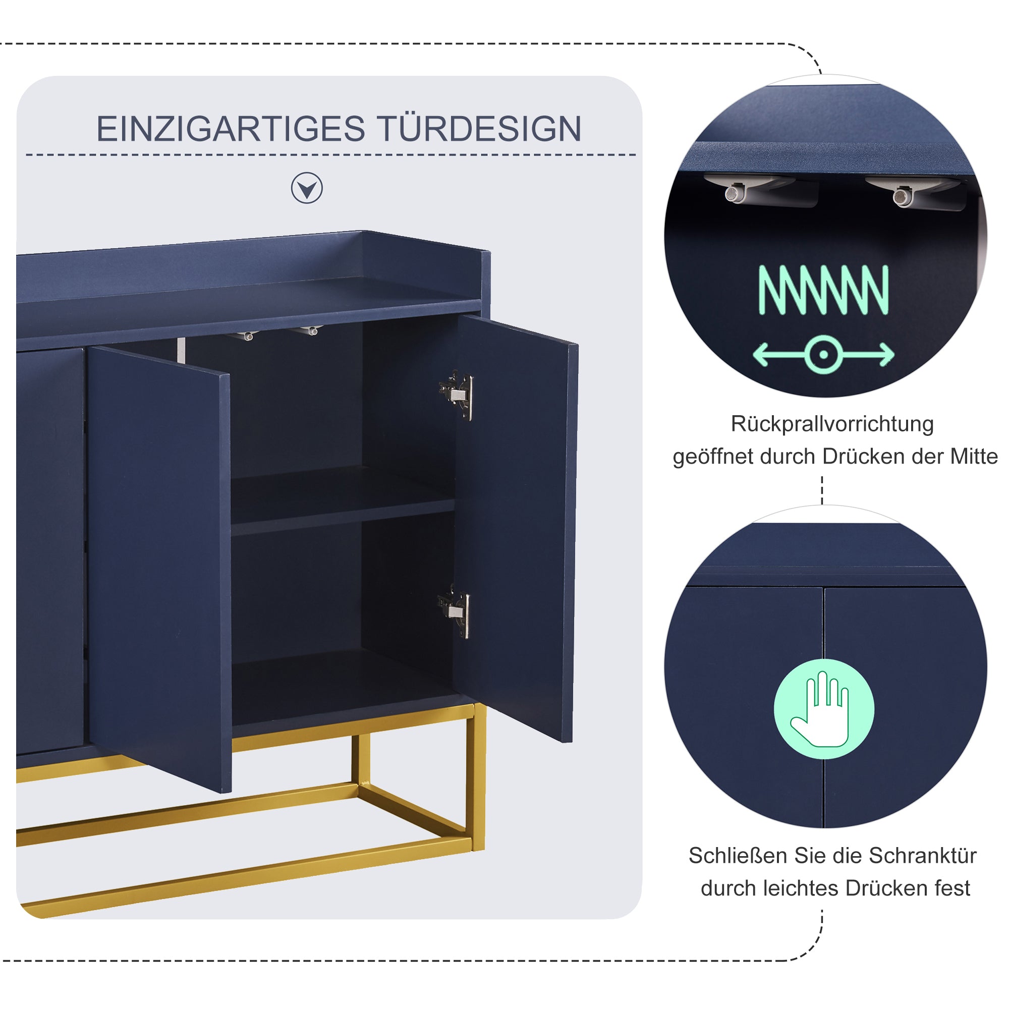 Sideboard, Modern Minimalist 4-Door Handleless Buffet, Navy Blue