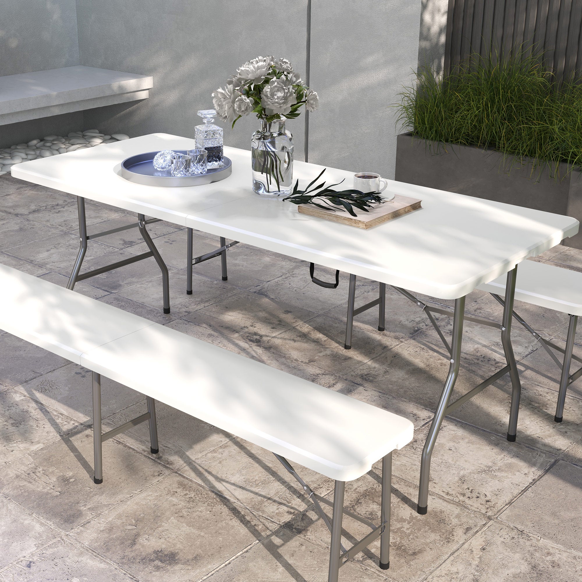 Folding Garden Table - 180x75cm Rectangular Outdoor Picnic Table for 6 - HDPE White