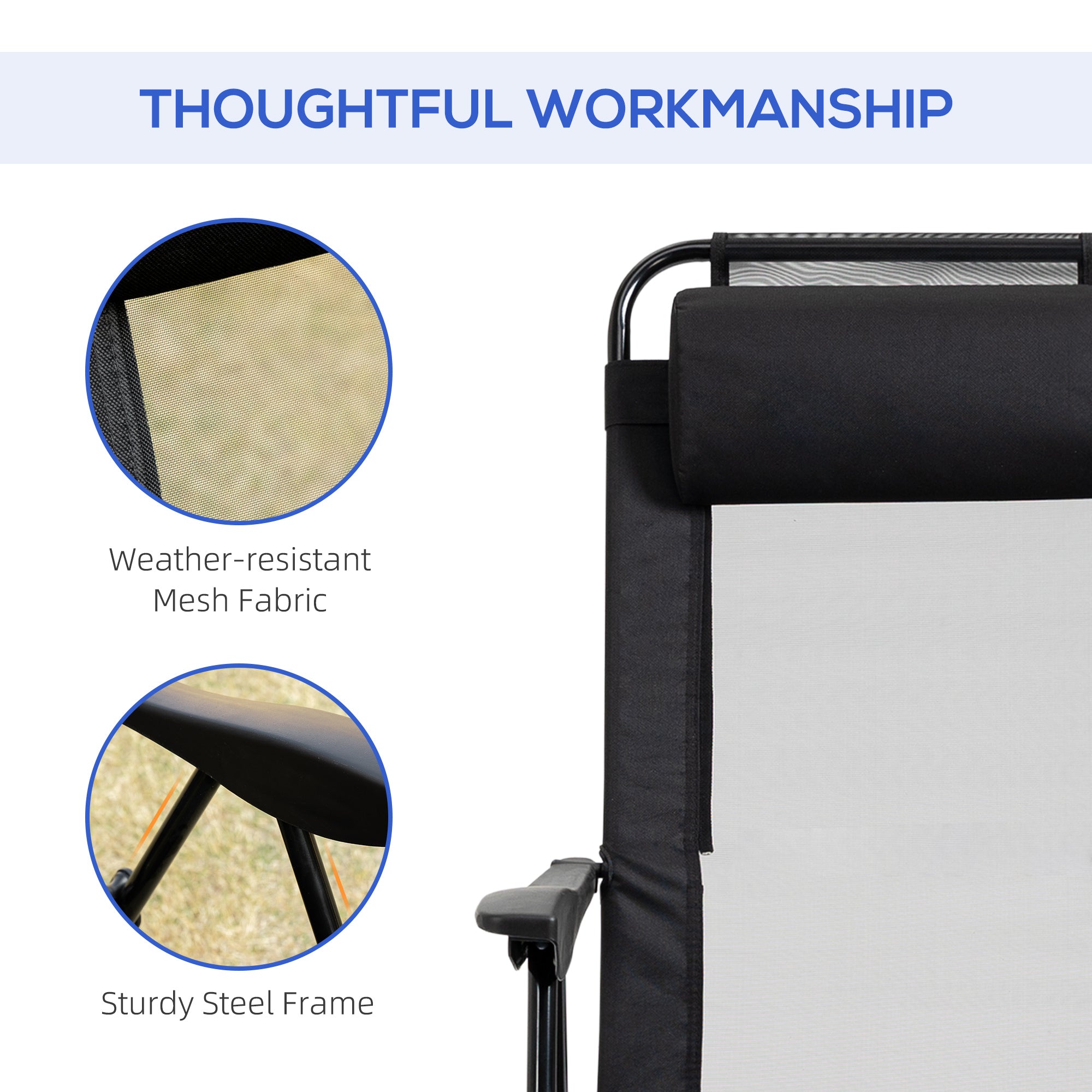 Set of 2 Folding Recliner Chaise Lounge Chairs, Adjustable Backrest, Black Mesh