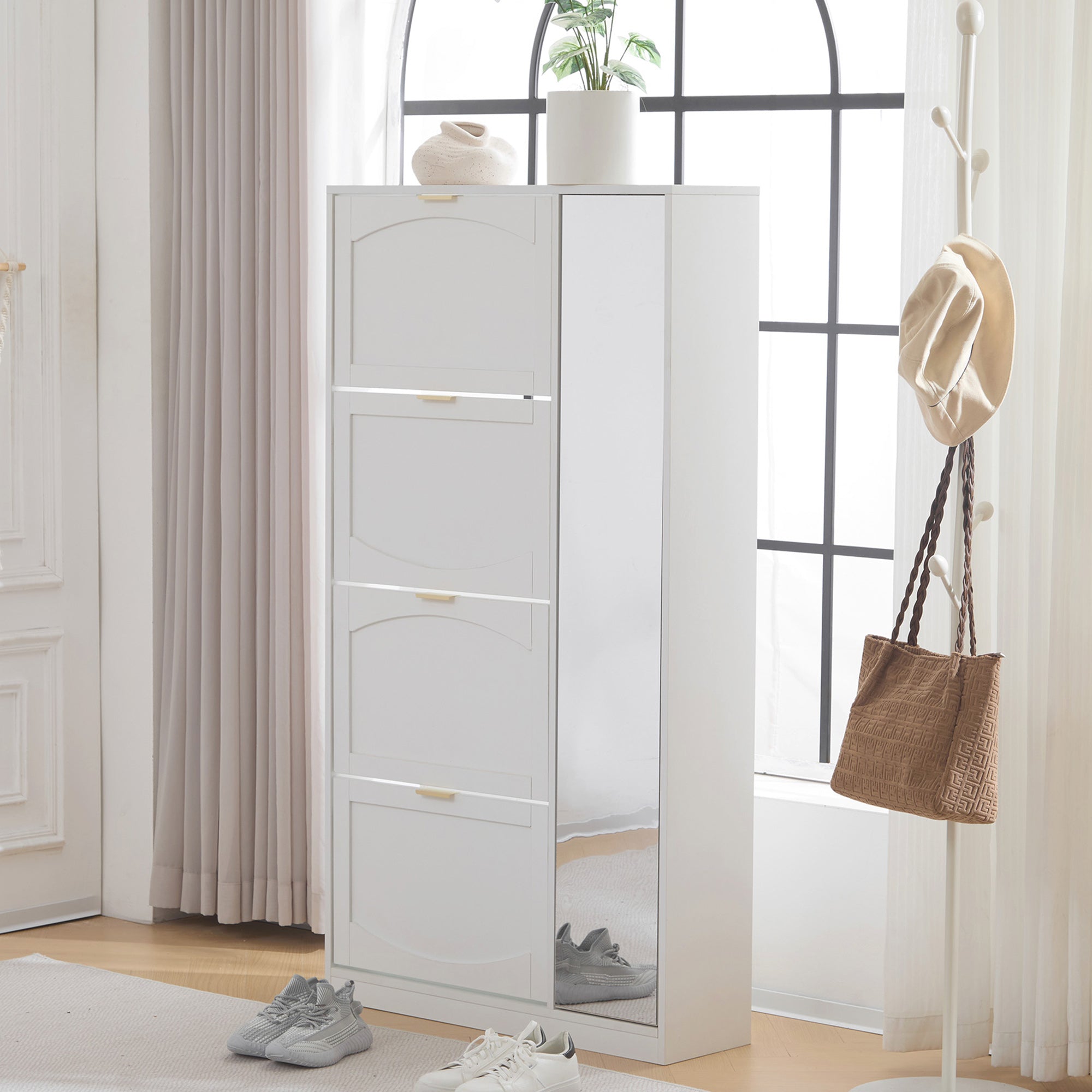 Modern Shoe Cabinet with Mirror, 4 Fold-Down Compartments, Adjustable Shelf, White