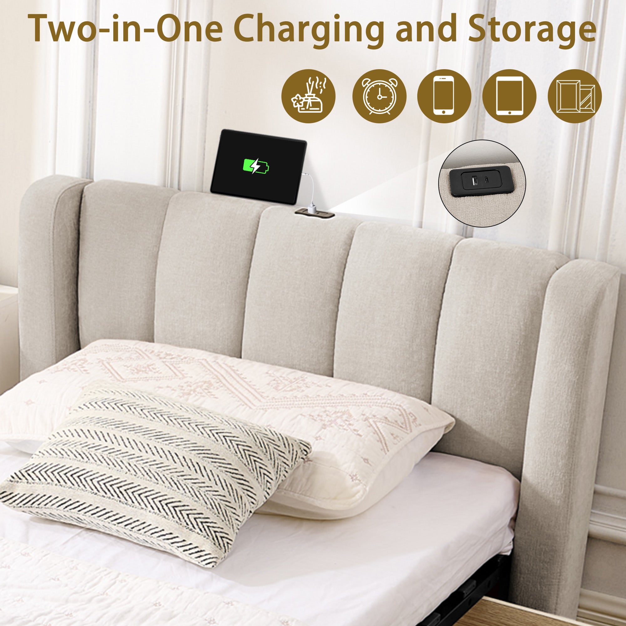 Single Bed 90x200 cm with Side Storage and USB Charging Port, Beige Chenille Fabric