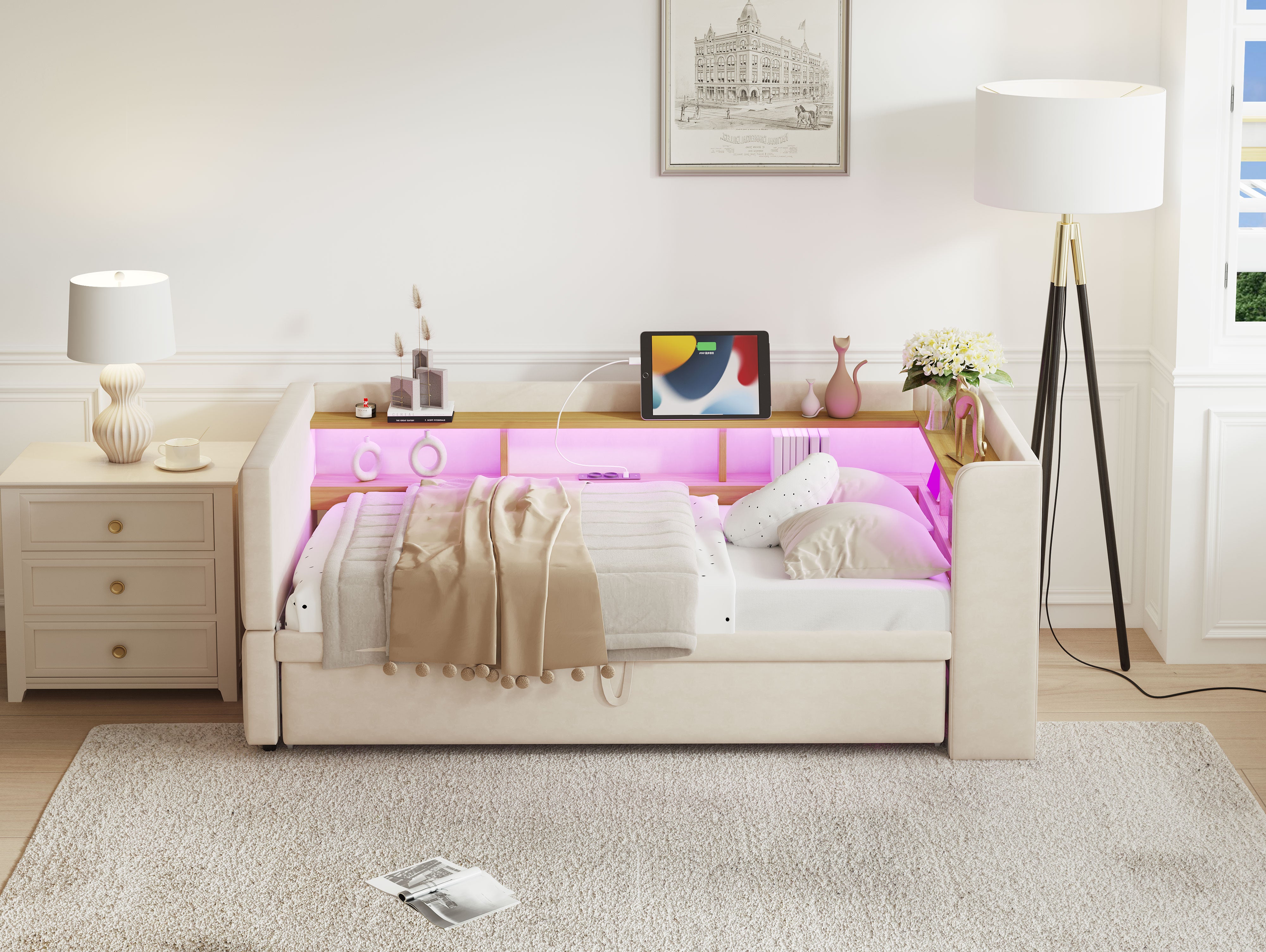 Multi-Functional Sofa Bed with Storage, LED Lighting & USB/Power Outlets, Beige