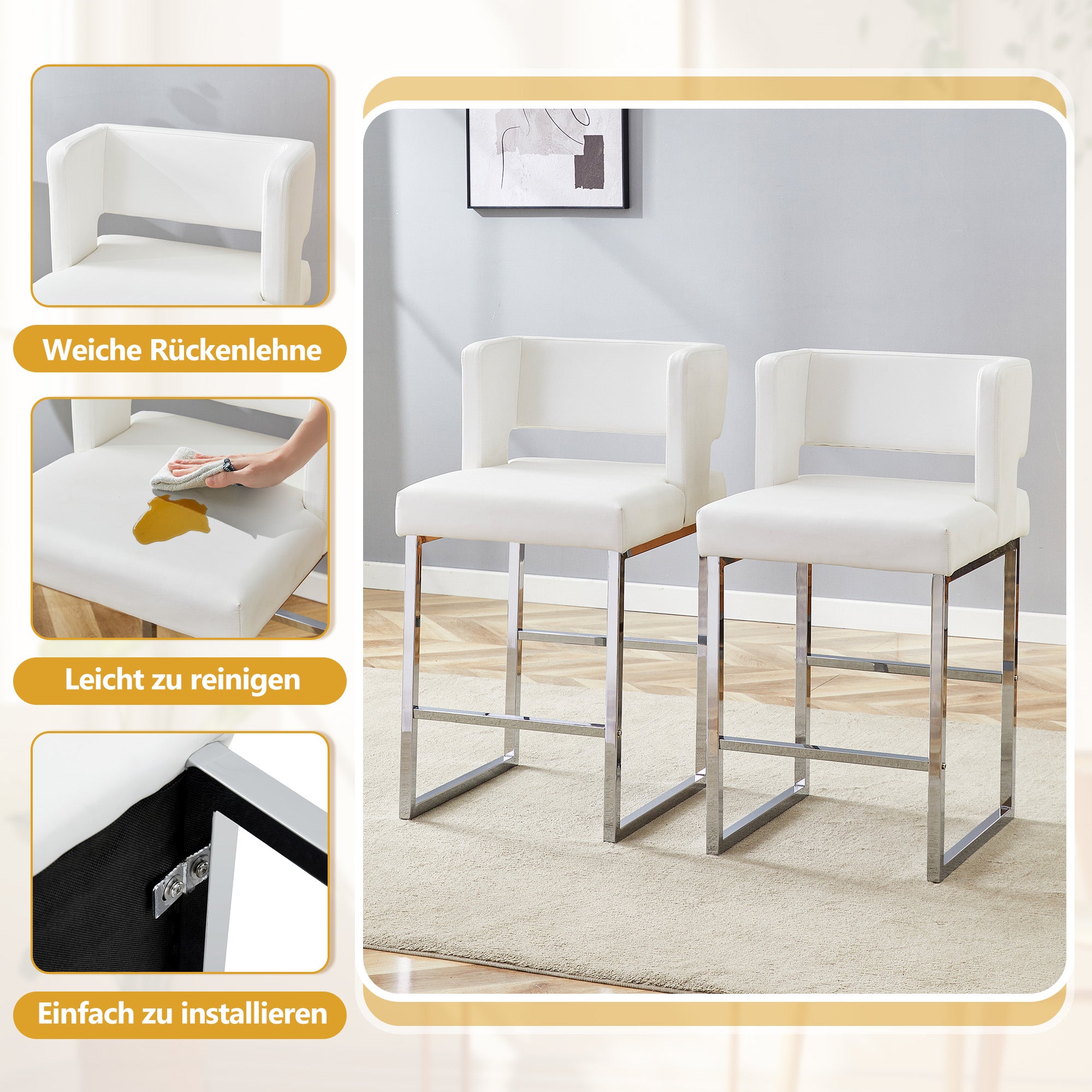 Bar Stools 2-Pack Nordic Style Modern Square Design Silver Metal Legs