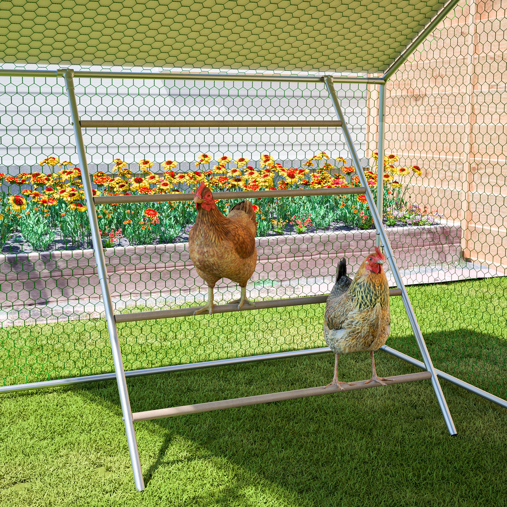 Robust Chicken Coop with Run & Ladder - Secure, Weatherproof, Easy-Clean Habitat - Silver Galvanized Steel