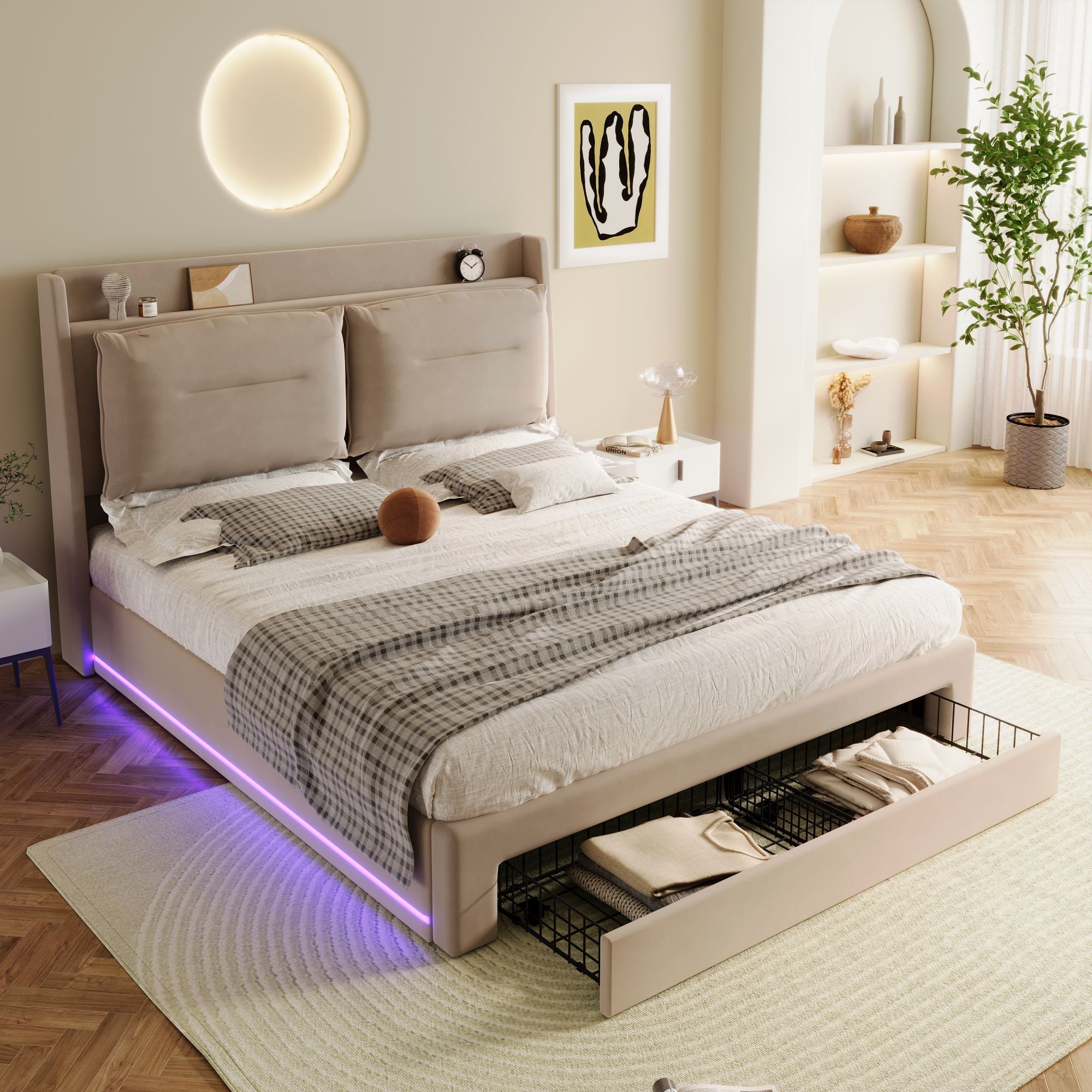 Upholstered Bed, 150x200 (5ft) King Size, Hydraulic with 2-in-1 End Storage Drawers & LED Strips, Velvet Beige