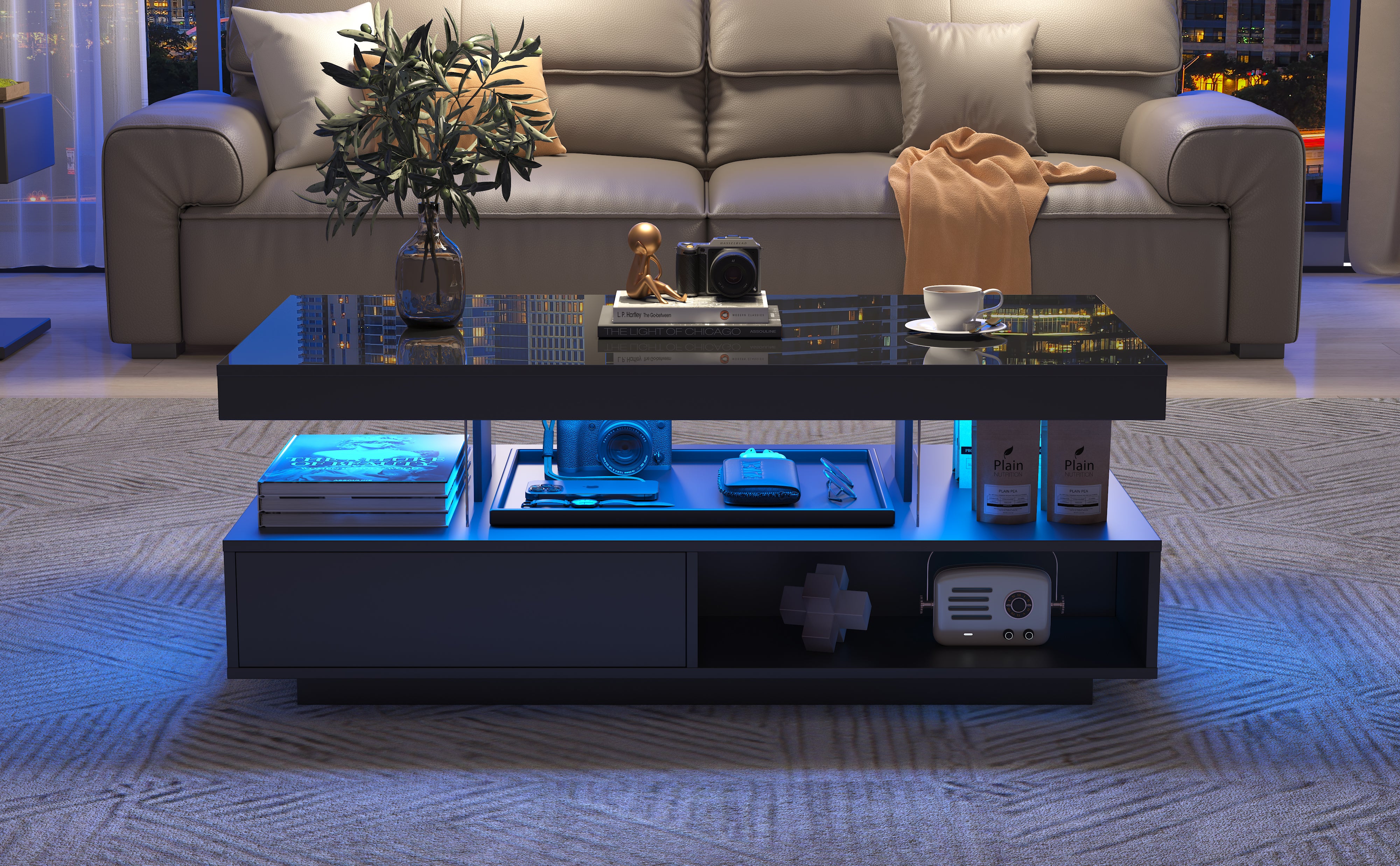 Black High-Gloss Coffee Table with Glass Tops & Drawers