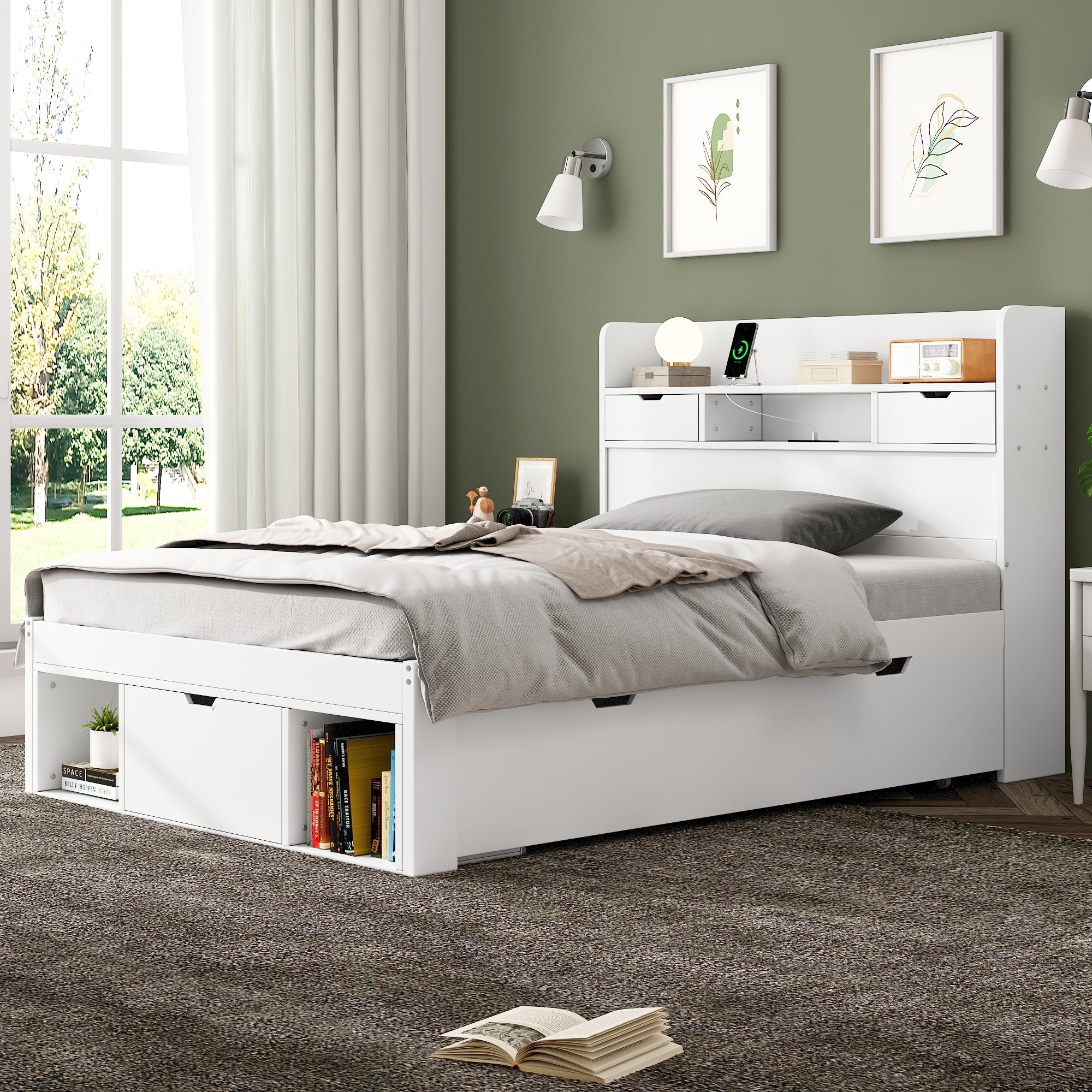 Children's Bed Single Daybed 3FT with USB Port Drawers Storage Cabinet, White