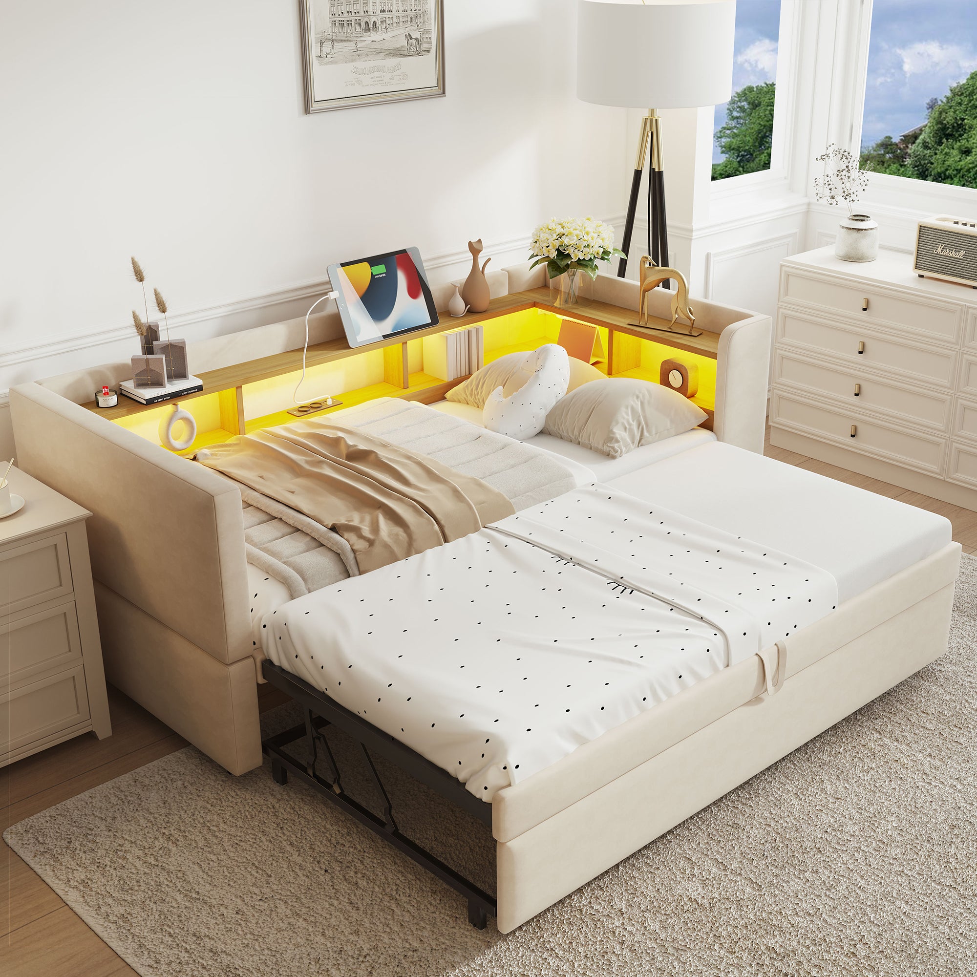 Upholstered Bed, Pull-Out Sofa Bed 90/180*190cm with LED Lights, Sockets & Storage - Beige