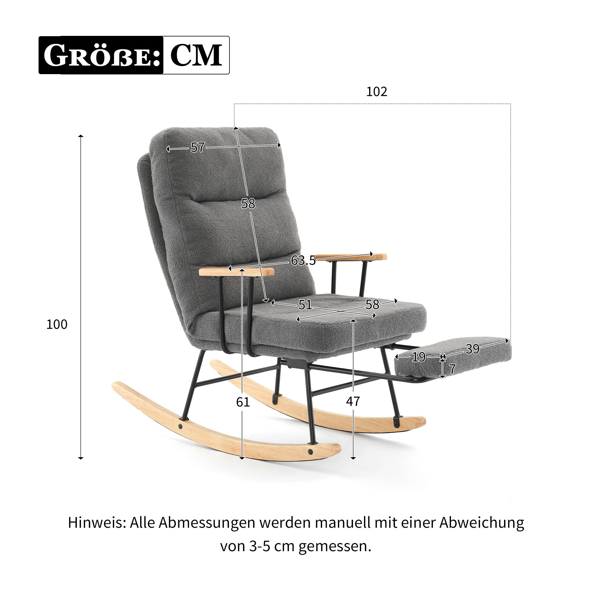 Rocking Chair Comfortable Reclining Function Manual Footrest, 100cm/58cm