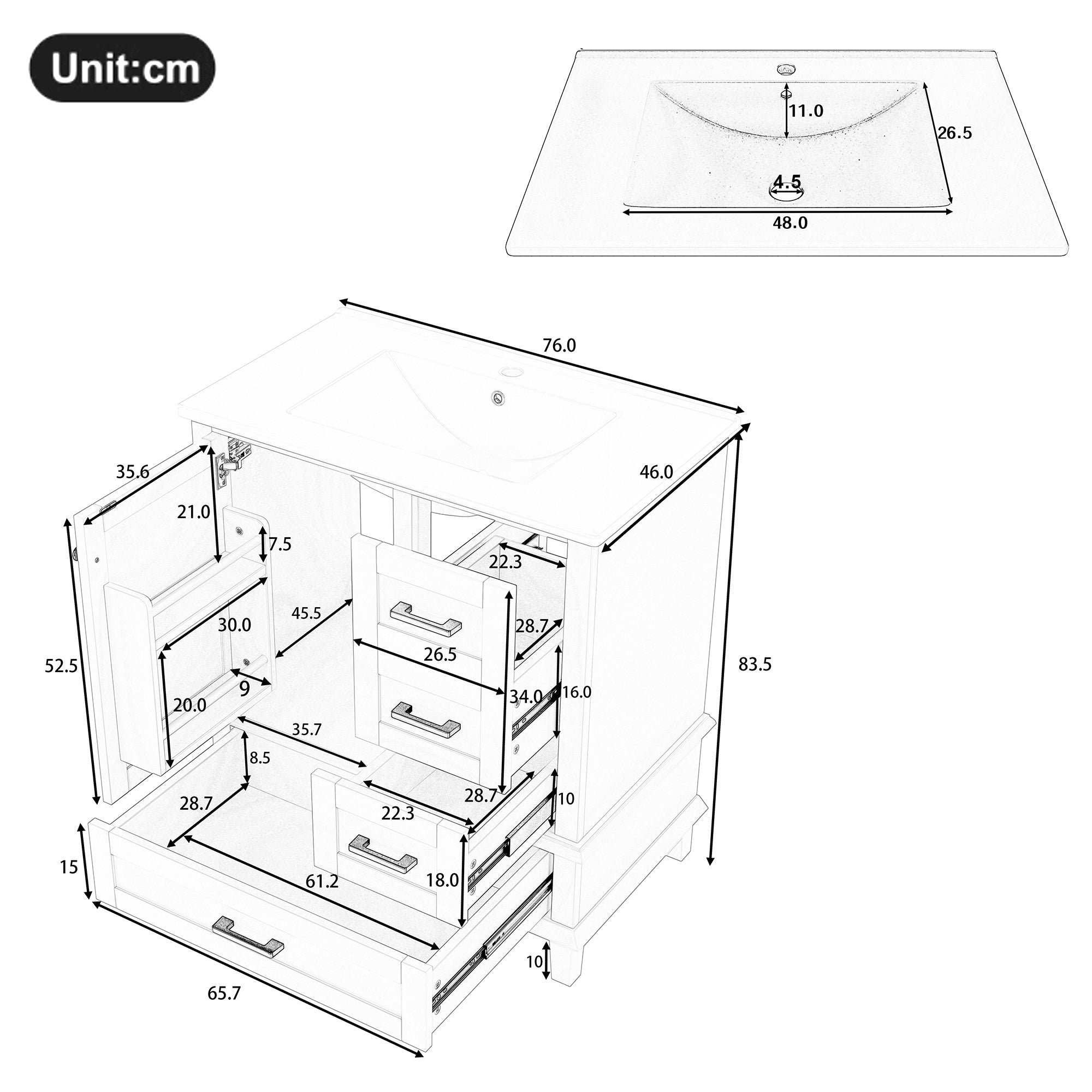 Bathroom Vanity Unit with Ceramic Sink and Silent Storage Drawers, Grey