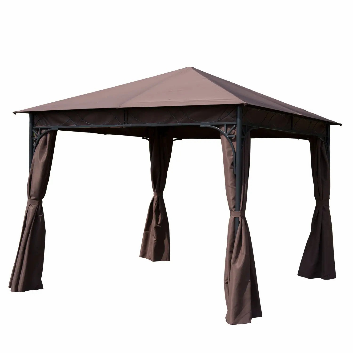 Garden Gazebo 3x3m Outdoor Canopy Shelter with Curtains, Steel Frame, Coffee