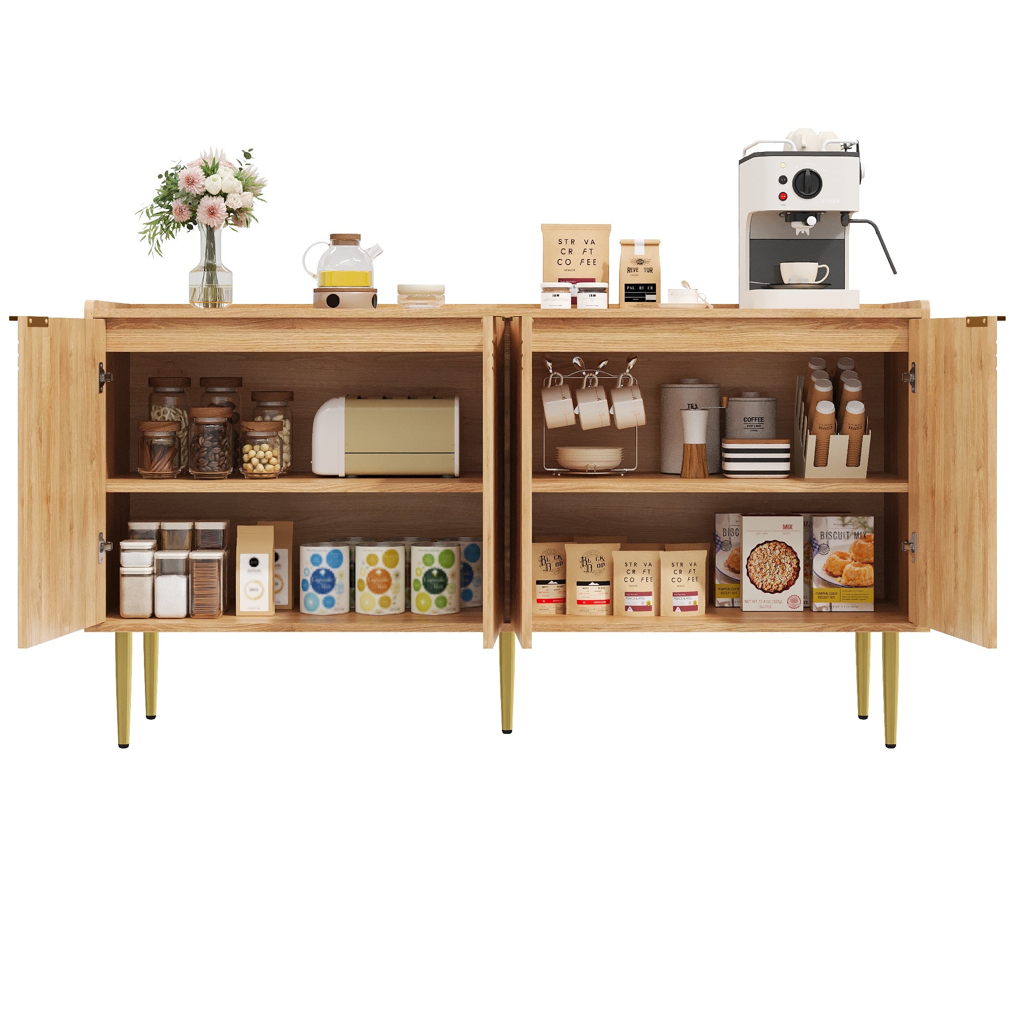 Sideboard, Buffet Storage Cabinet 140L x 38W x 75H cm, Natural MDF