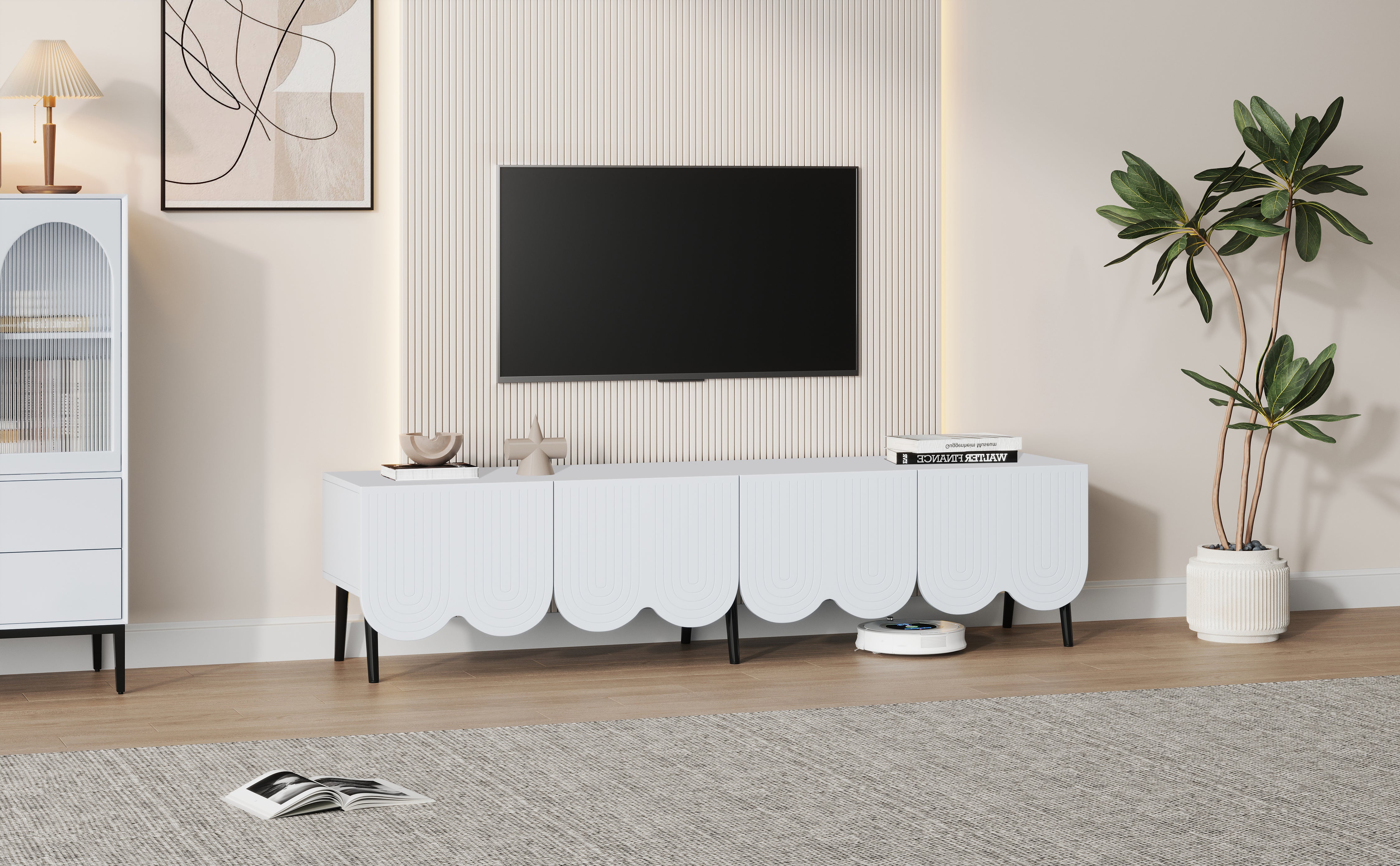 Modern TV cabinet for TVs up to 80 inches with two doors and cable management in white
