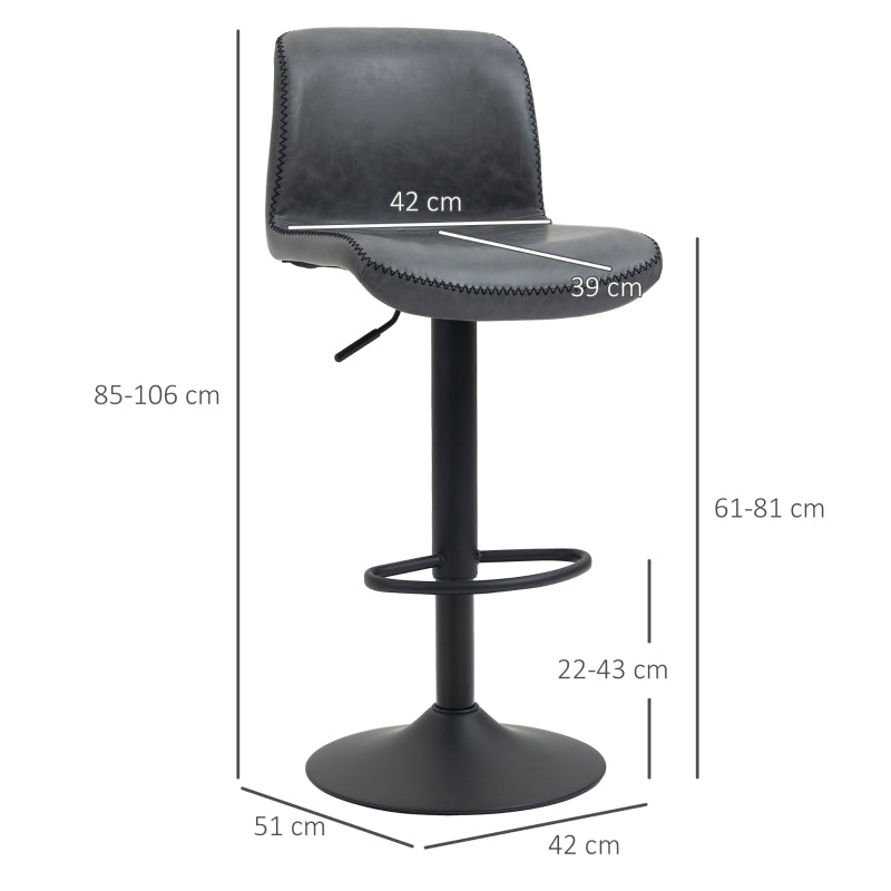Bar Stool, Adjustable Height Swivel Seat with Footrest, Dark Grey PU Leather (Set of 2)