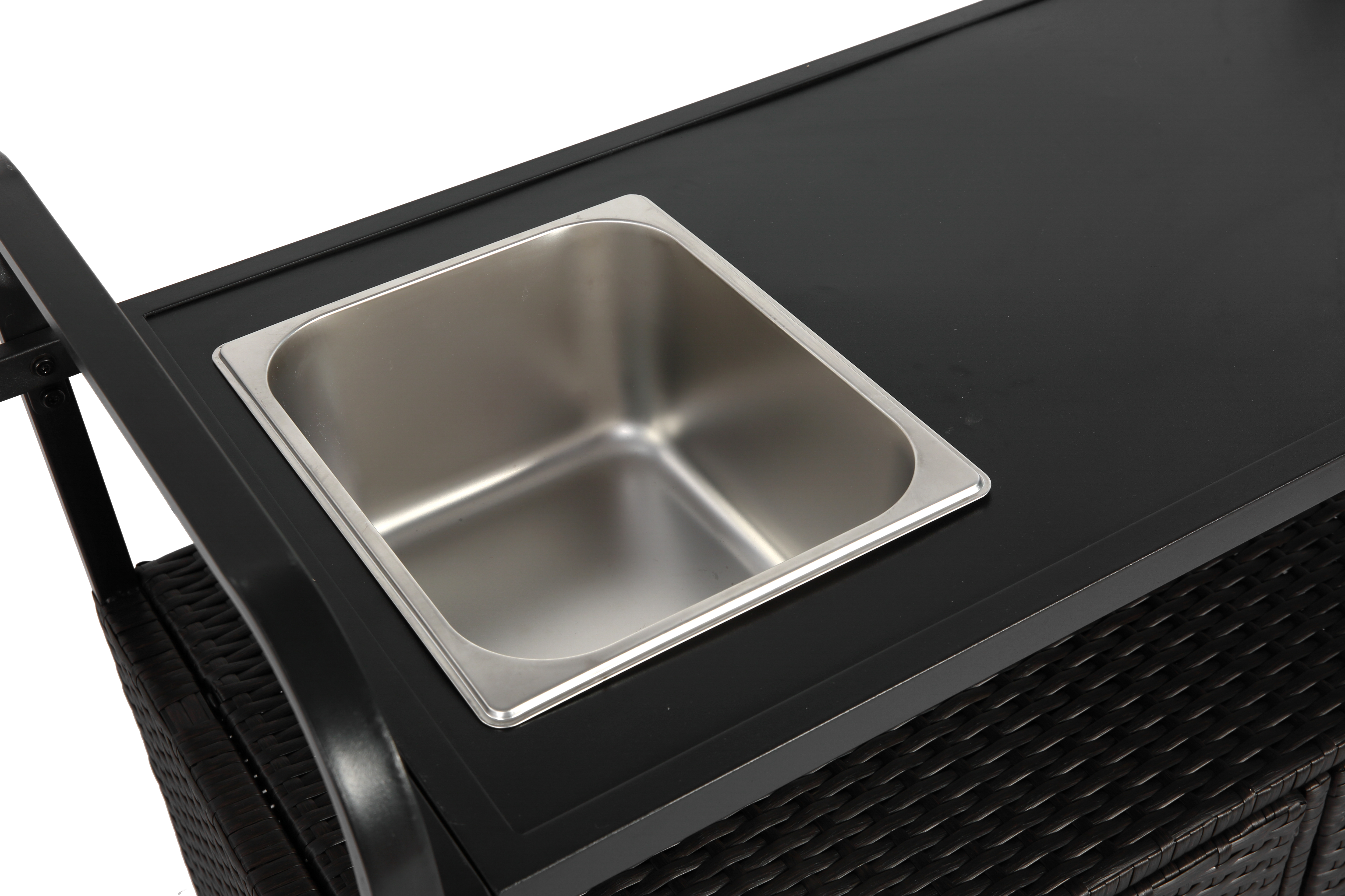 Outdoor Bar Table, Wicker Bar Cart with Cabinet, Patio Serving Cart with Steel Top, Ice Bucket, Lockable Wheels, Side Basket, Black