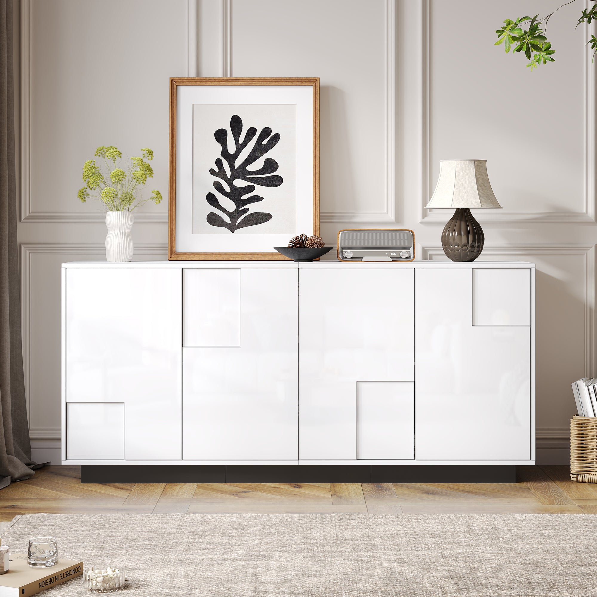 Living Room Sideboard, 4-Door High-Gloss Cabinet with Ample Storage, White and Black